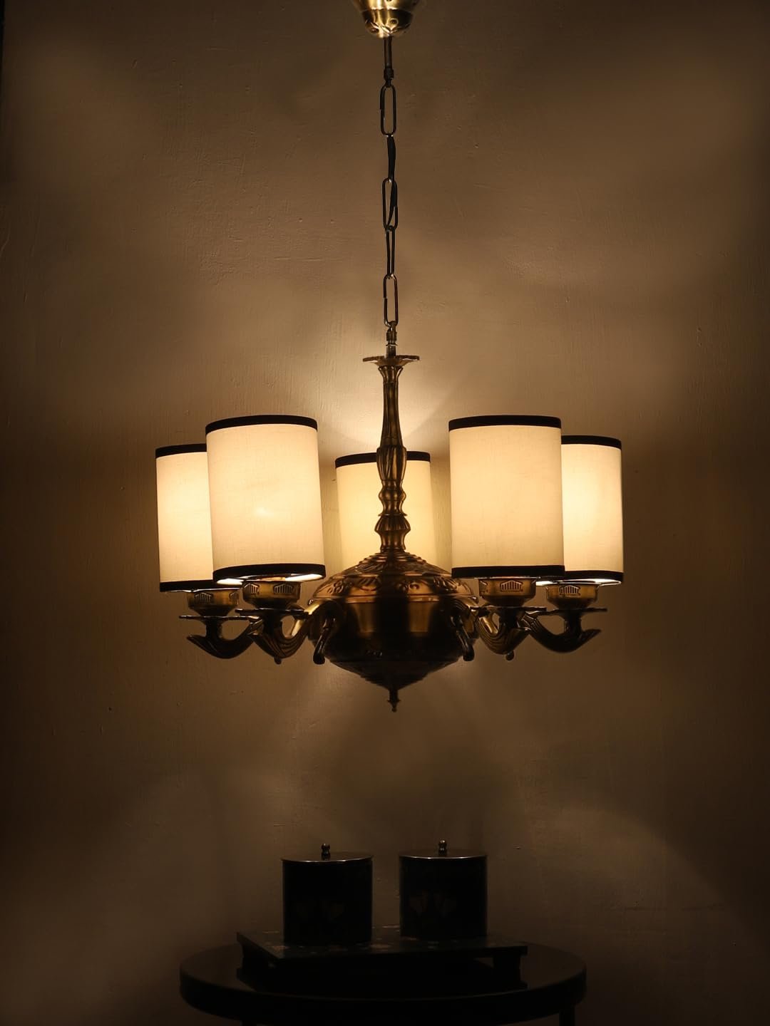 Lights White & Black Round Cotton Shade with Antique Golden Chandelier