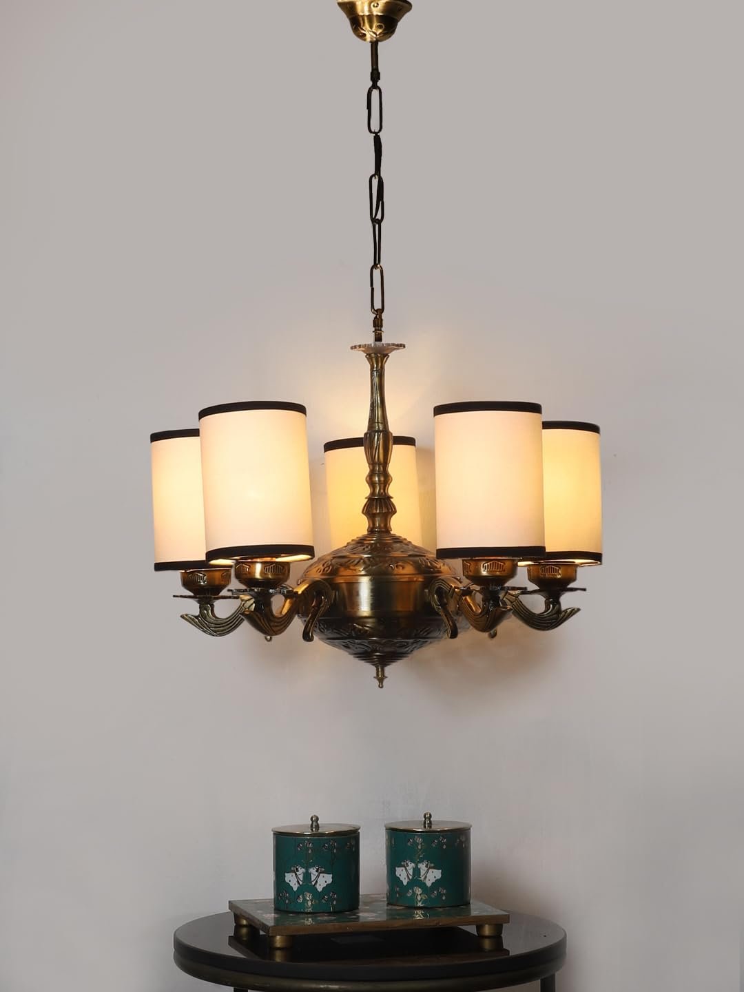 Lights White & Black Round Cotton Shade with Antique Golden Chandelier