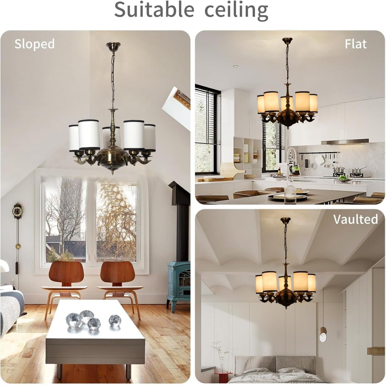 Lights White & Black Round Cotton Shade with Antique Golden Chandelier