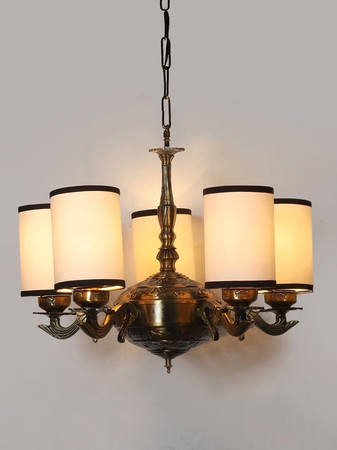 Lights White & Black Round Cotton Shade with Antique Golden Chandelier