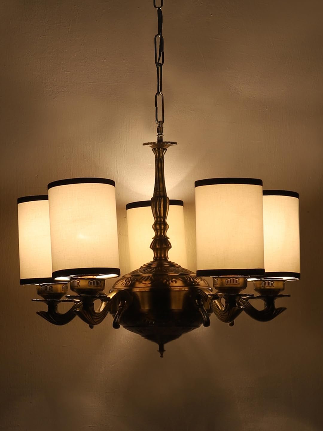 Lights White & Black Round Cotton Shade with Antique Golden Chandelier
