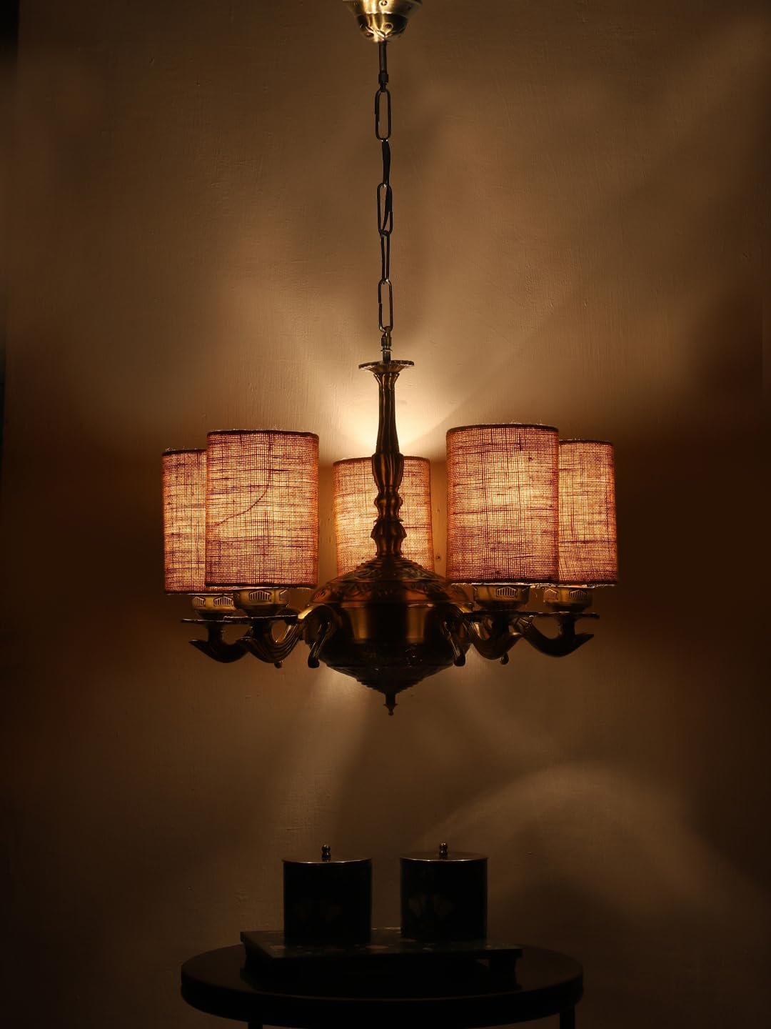 Lights Beige Jute Round Shade with Antique Golden Chandelier