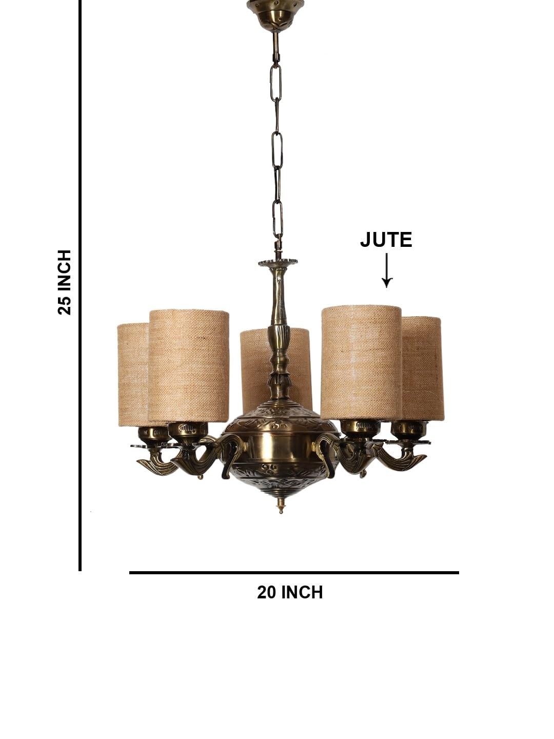 Lights Beige Jute Round Shade with Antique Golden Chandelier