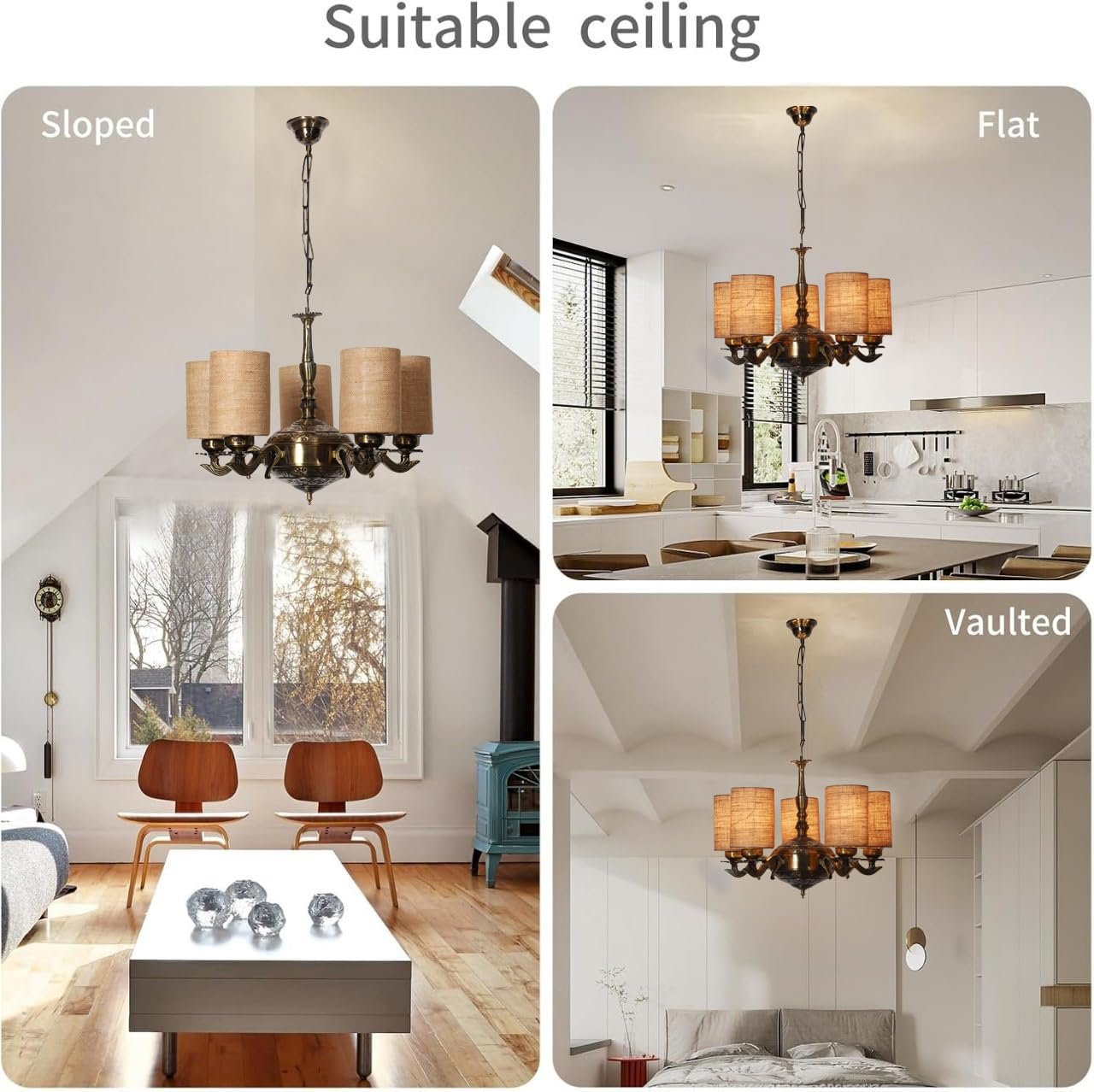 Lights Beige Jute Round Shade with Antique Golden Chandelier