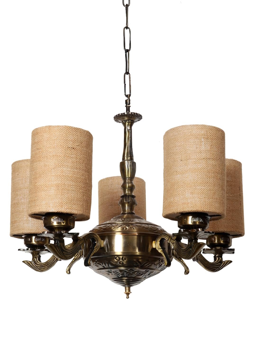 Lights Beige Jute Round Shade with Antique Golden Chandelier