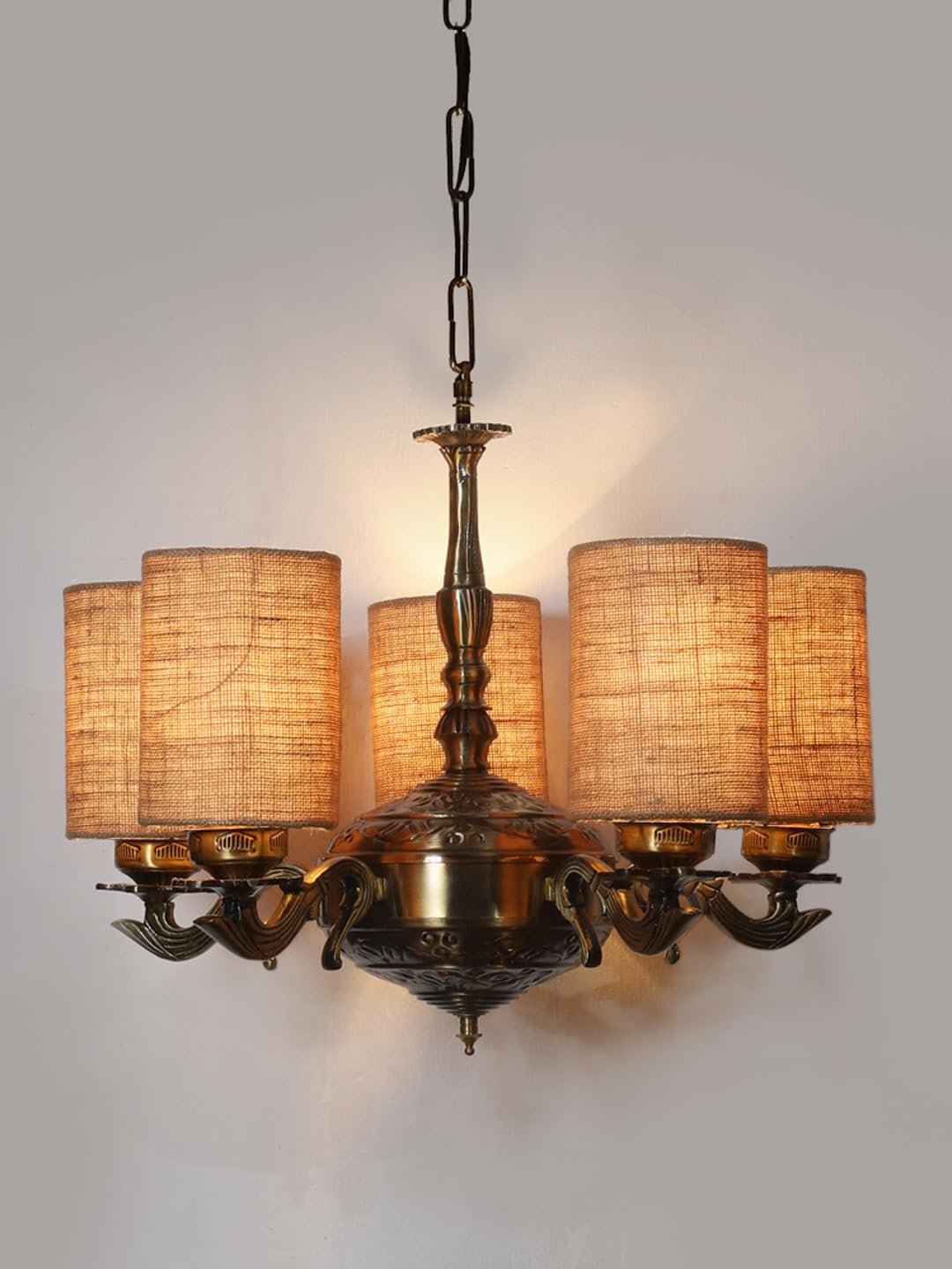 Lights Beige Jute Round Shade with Antique Golden Chandelier