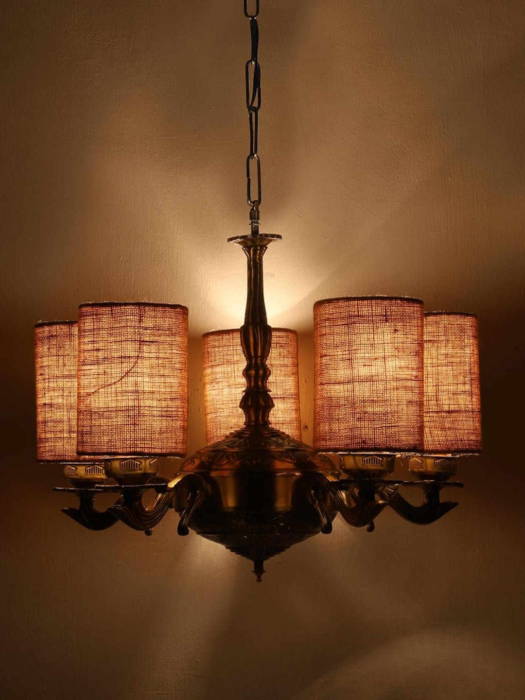 Lights Beige Jute Round Shade with Antique Golden Chandelier