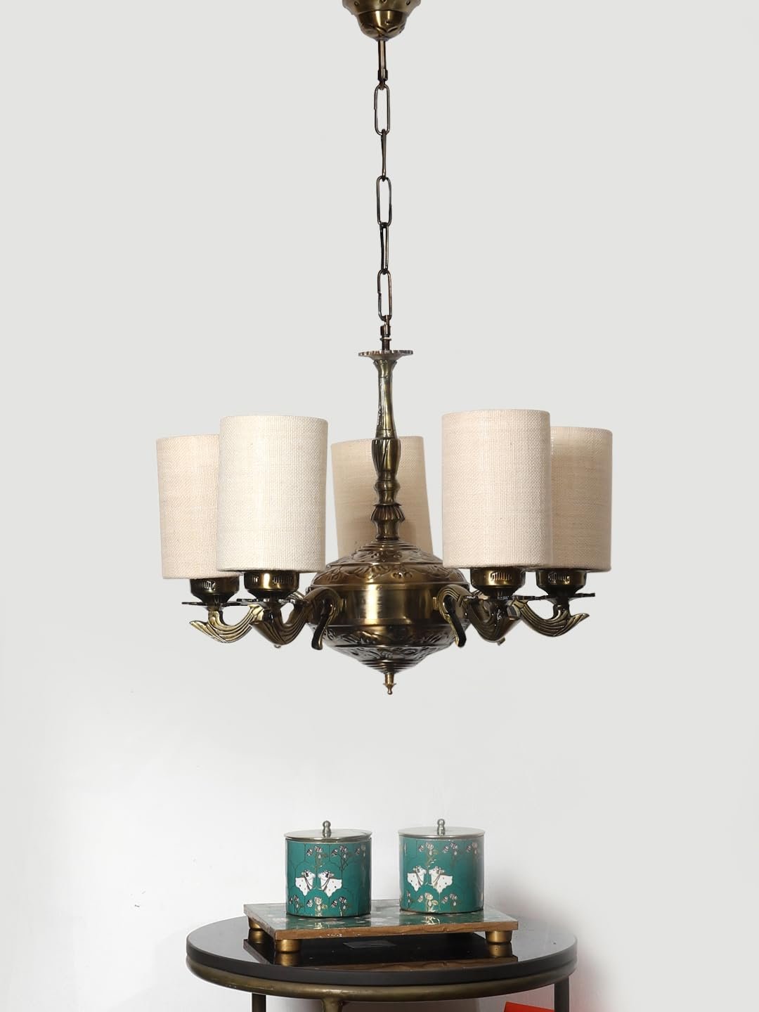 Lights White Jute Round Shade with Antique Golden Chandelier