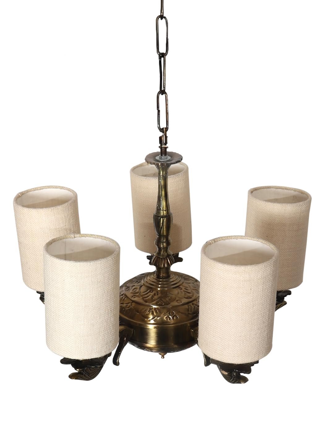 Lights White Jute Round Shade with Antique Golden Chandelier