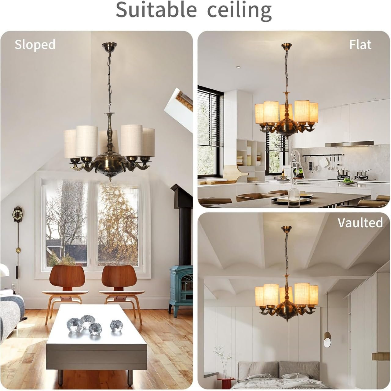 Lights White Jute Round Shade with Antique Golden Chandelier