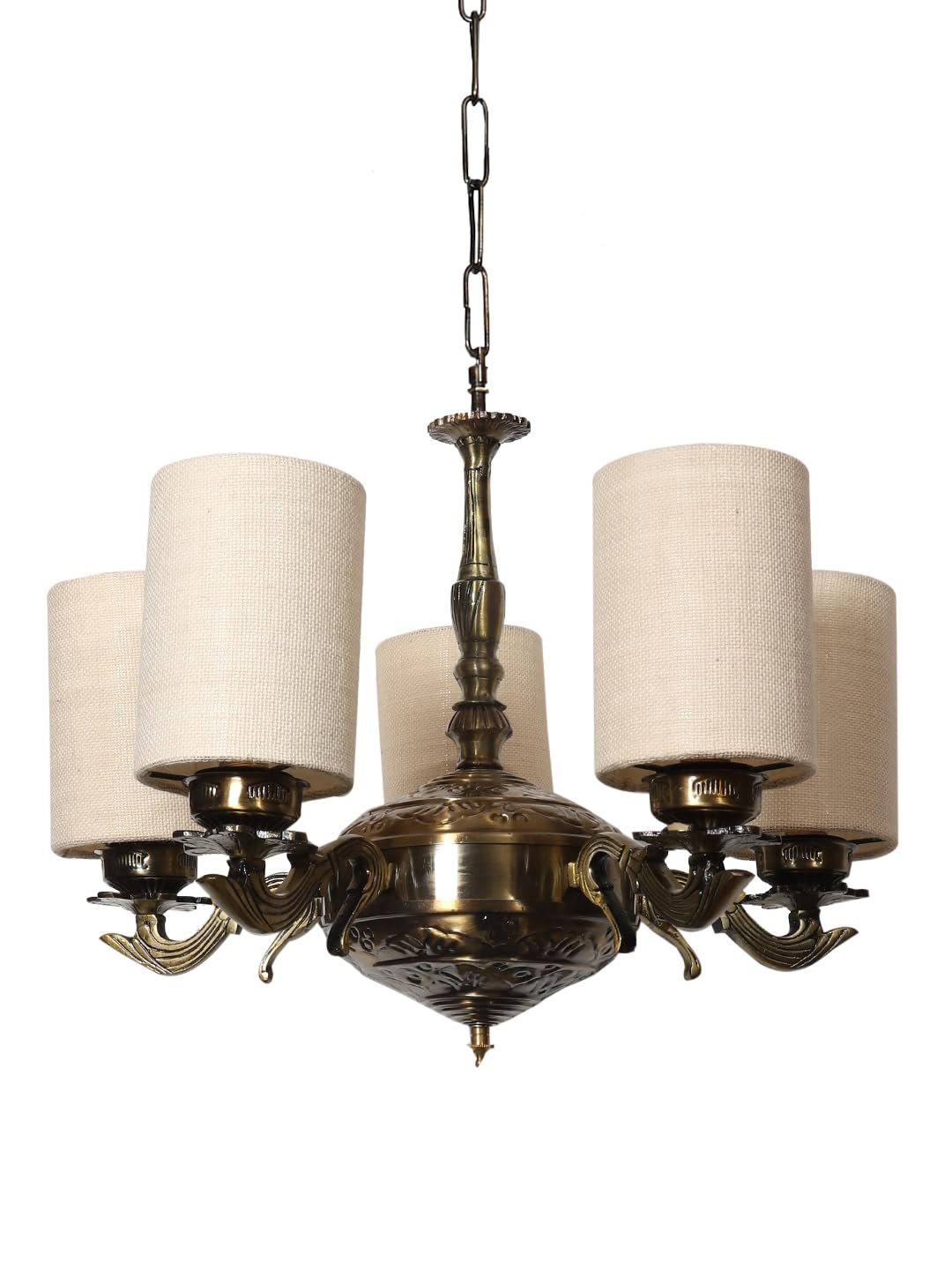 Lights White Jute Round Shade with Antique Golden Chandelier