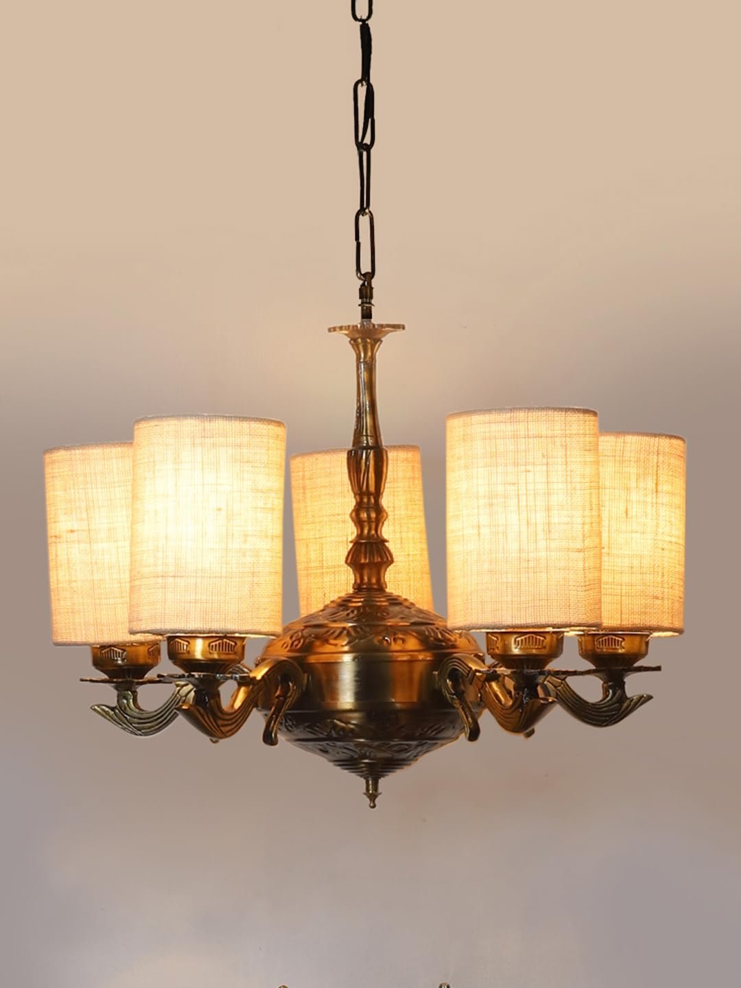 Lights White Jute Round Shade with Antique Golden Chandelier