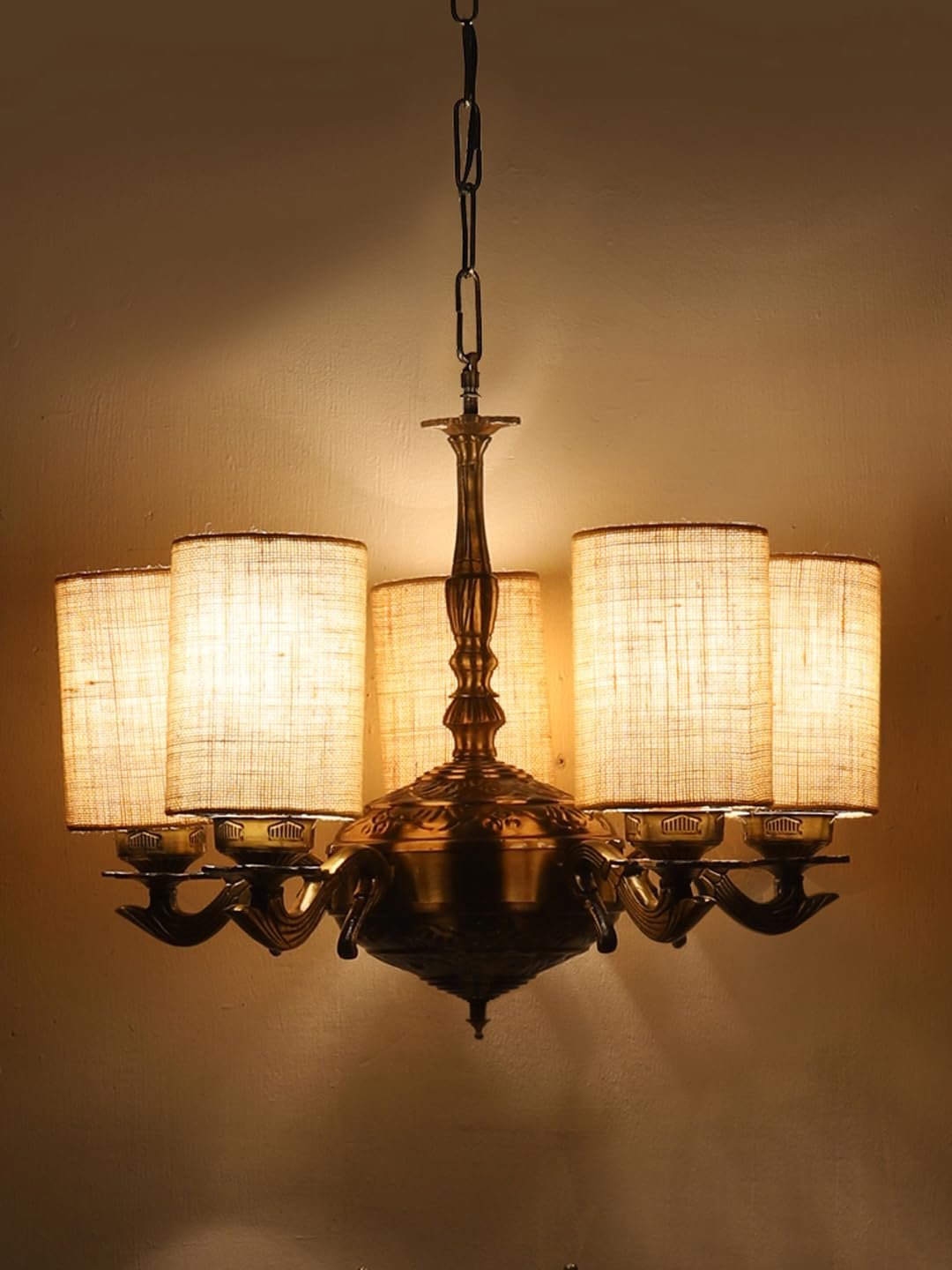 Lights White Jute Round Shade with Antique Golden Chandelier