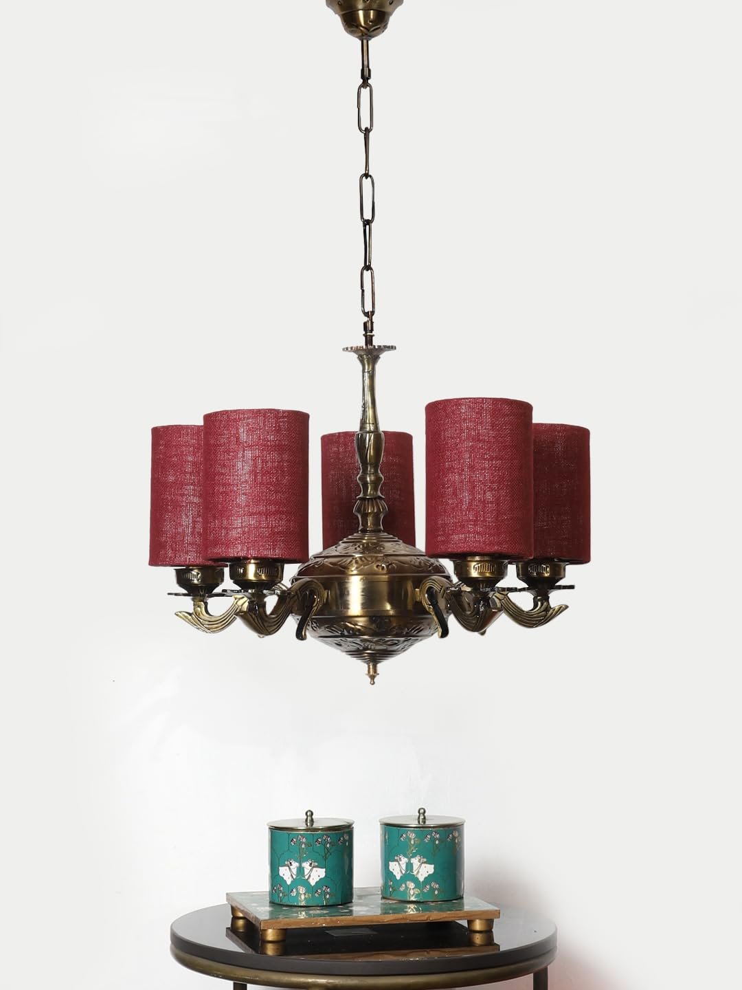Lights Maroon Jute Round Shade with Antique Golden Chandelier