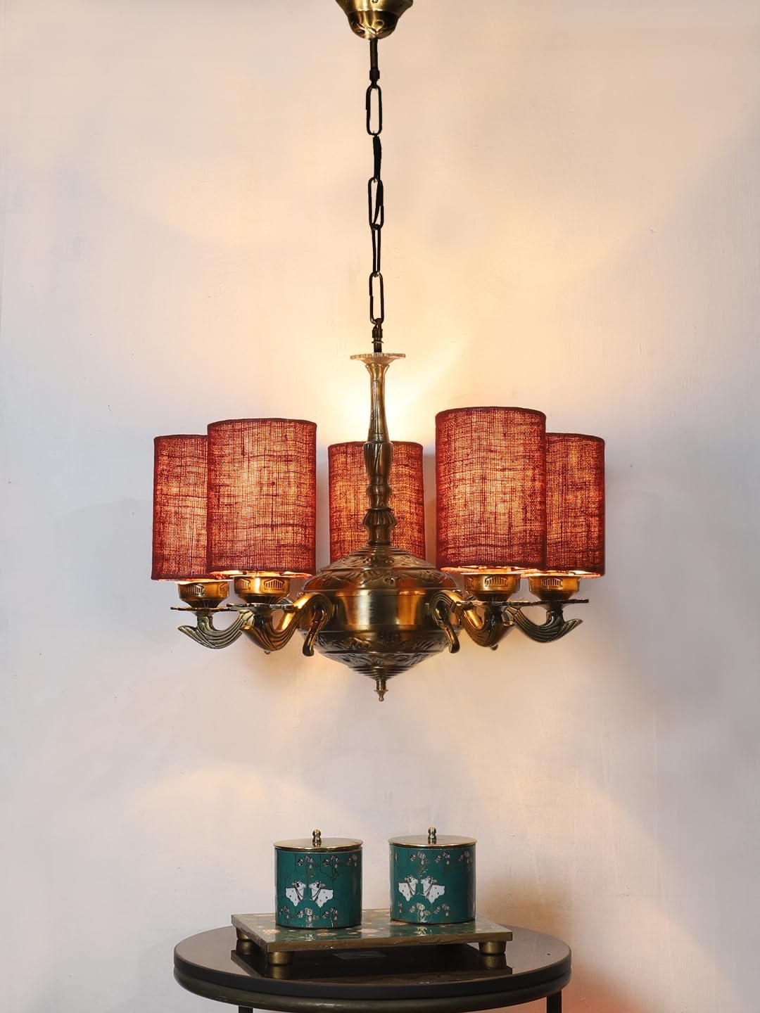 Lights Maroon Jute Round Shade with Antique Golden Chandelier