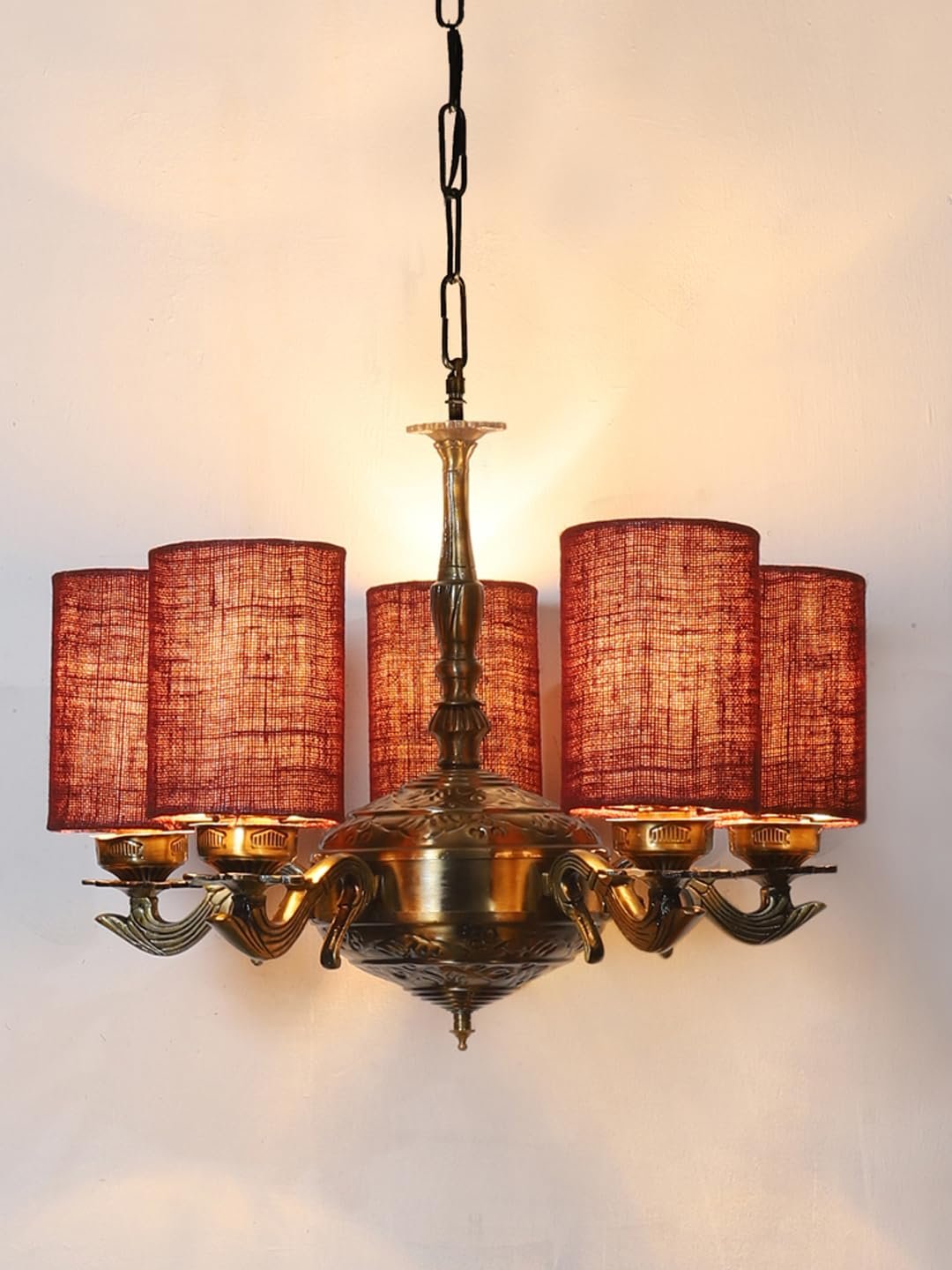 Lights Maroon Jute Round Shade with Antique Golden Chandelier