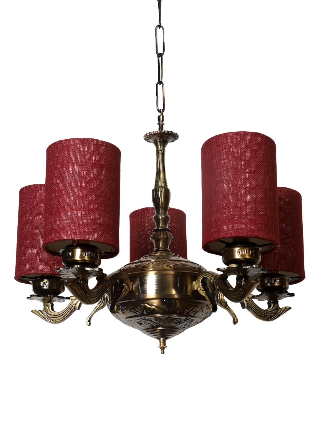 Lights Maroon Jute Round Shade with Antique Golden Chandelier