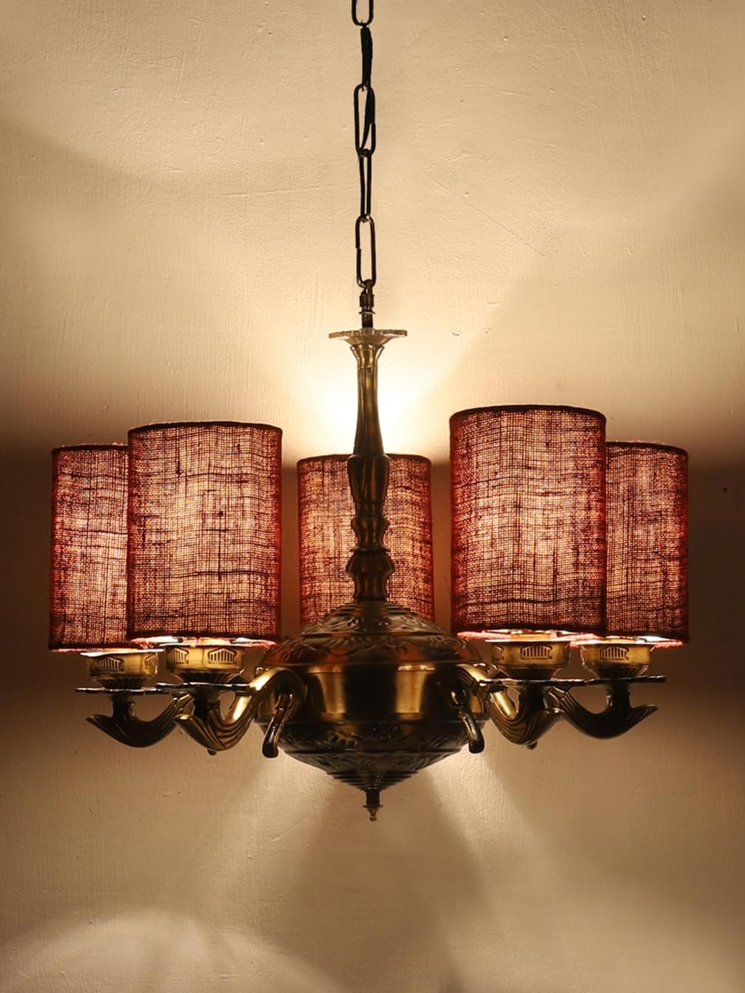 Lights Maroon Jute Round Shade with Antique Golden Chandelier