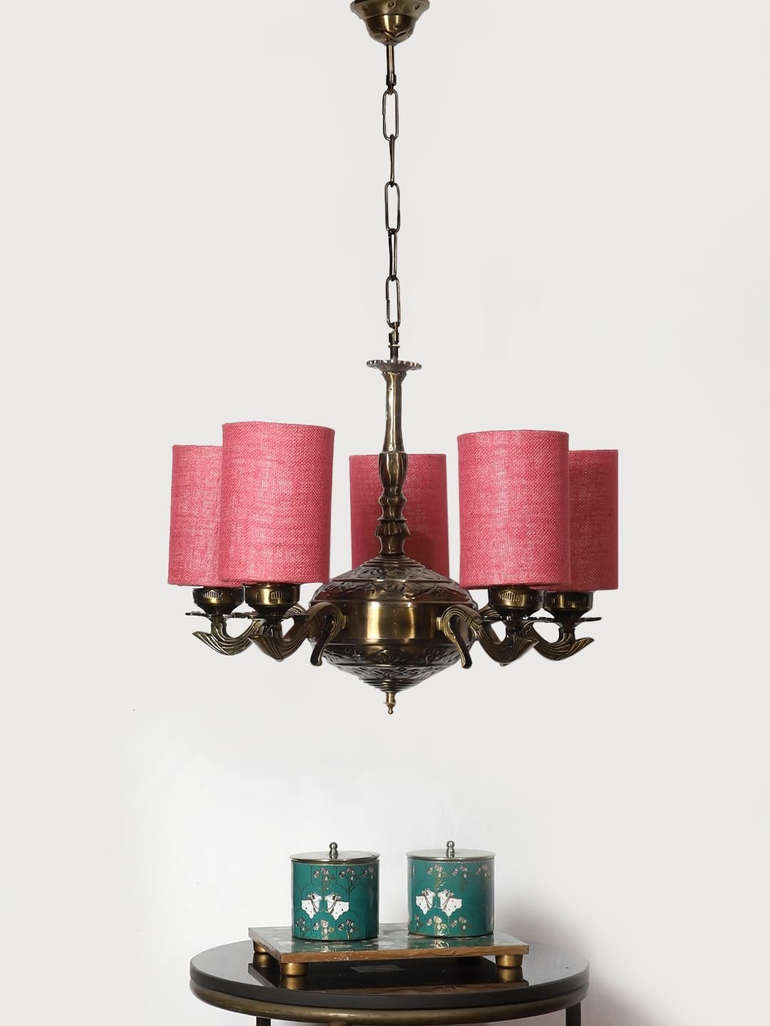 Lights Pink Jute Round Shade with Antique Golden Chandelier