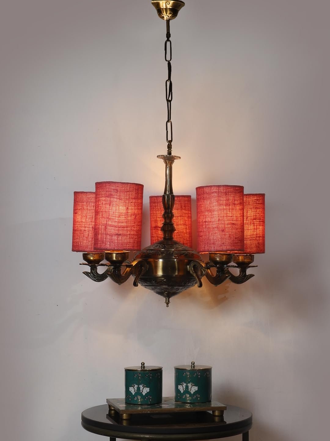 Lights Pink Jute Round Shade with Antique Golden Chandelier