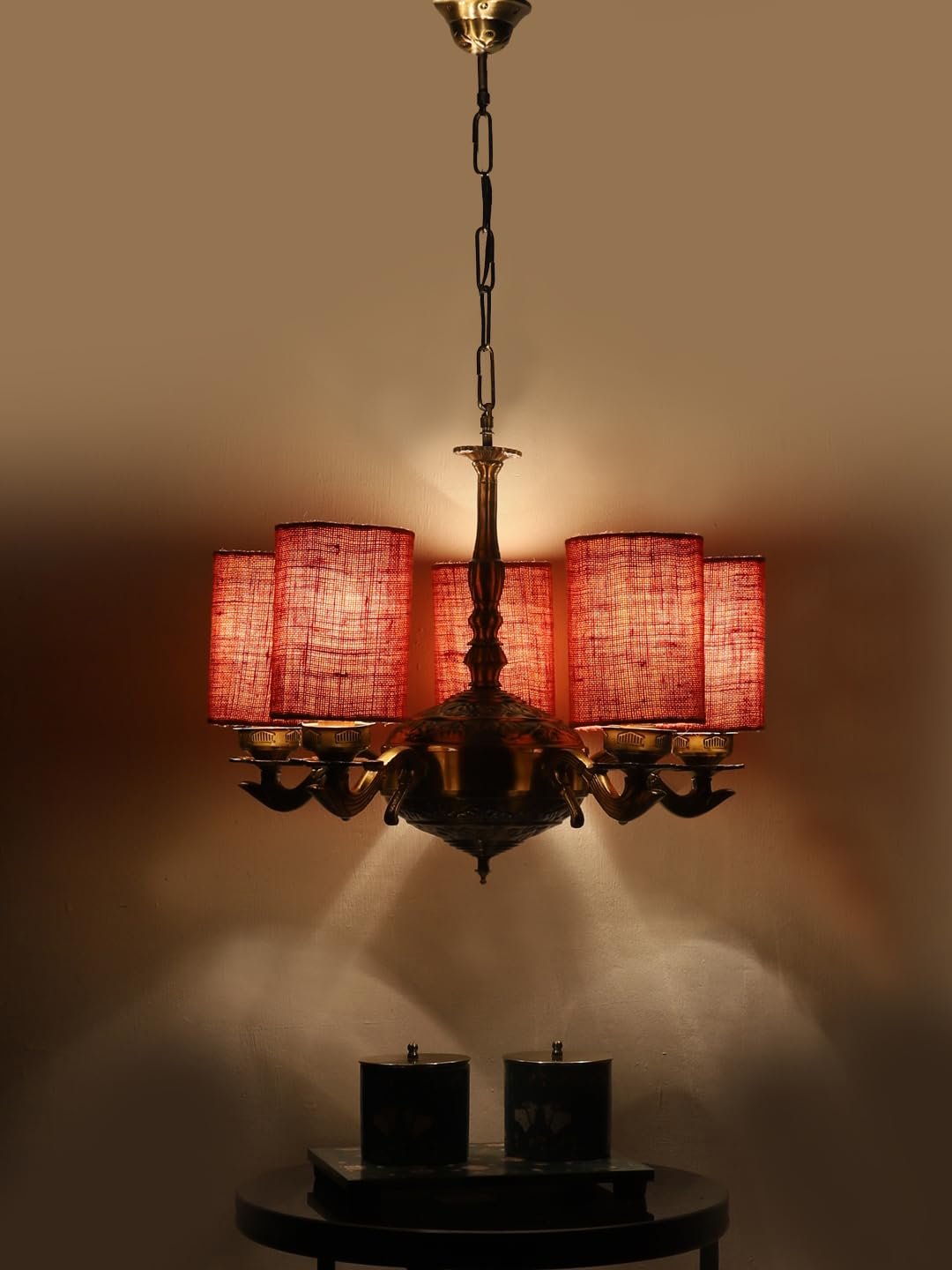 Lights Pink Jute Round Shade with Antique Golden Chandelier