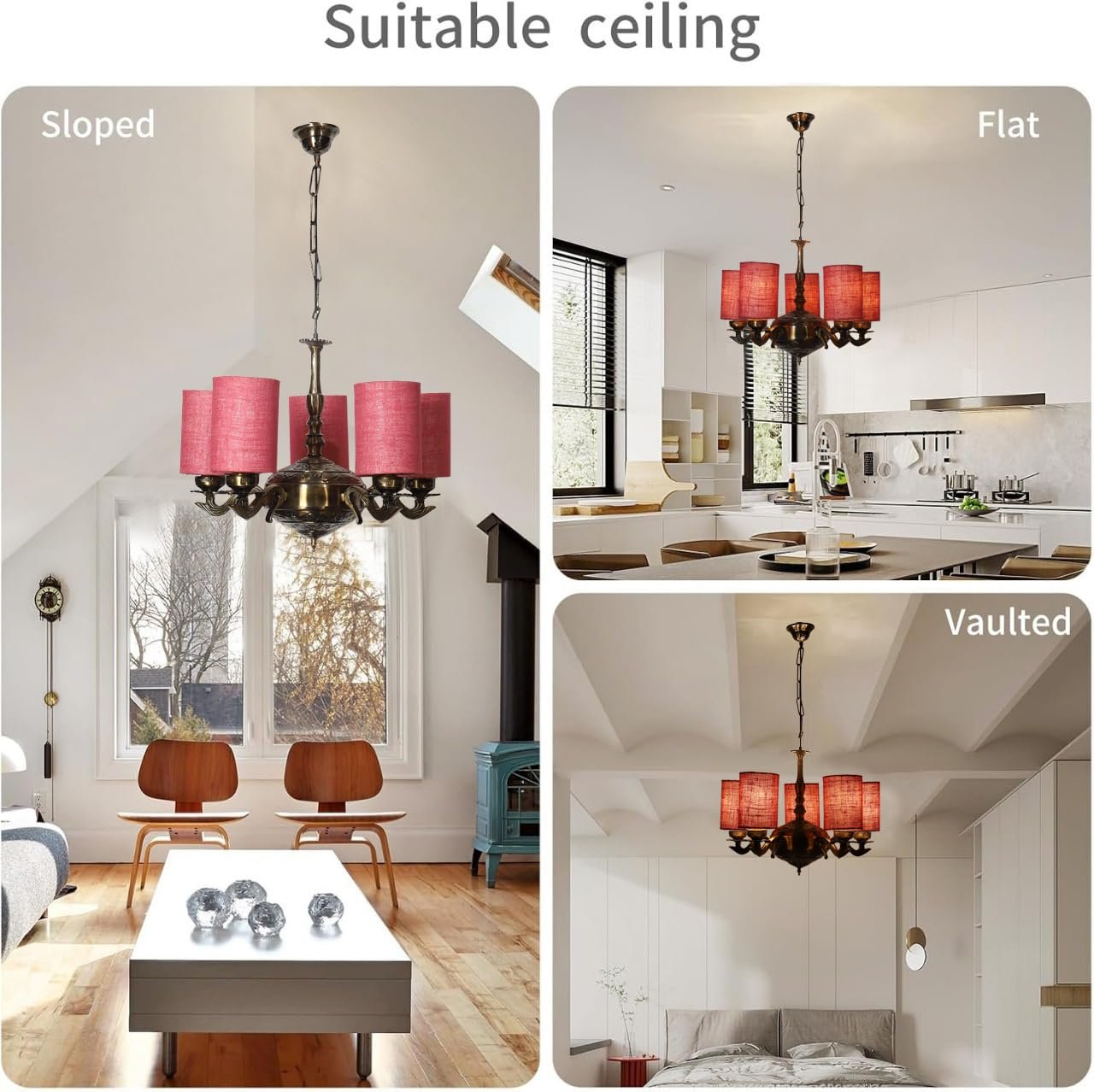 Lights Pink Jute Round Shade with Antique Golden Chandelier