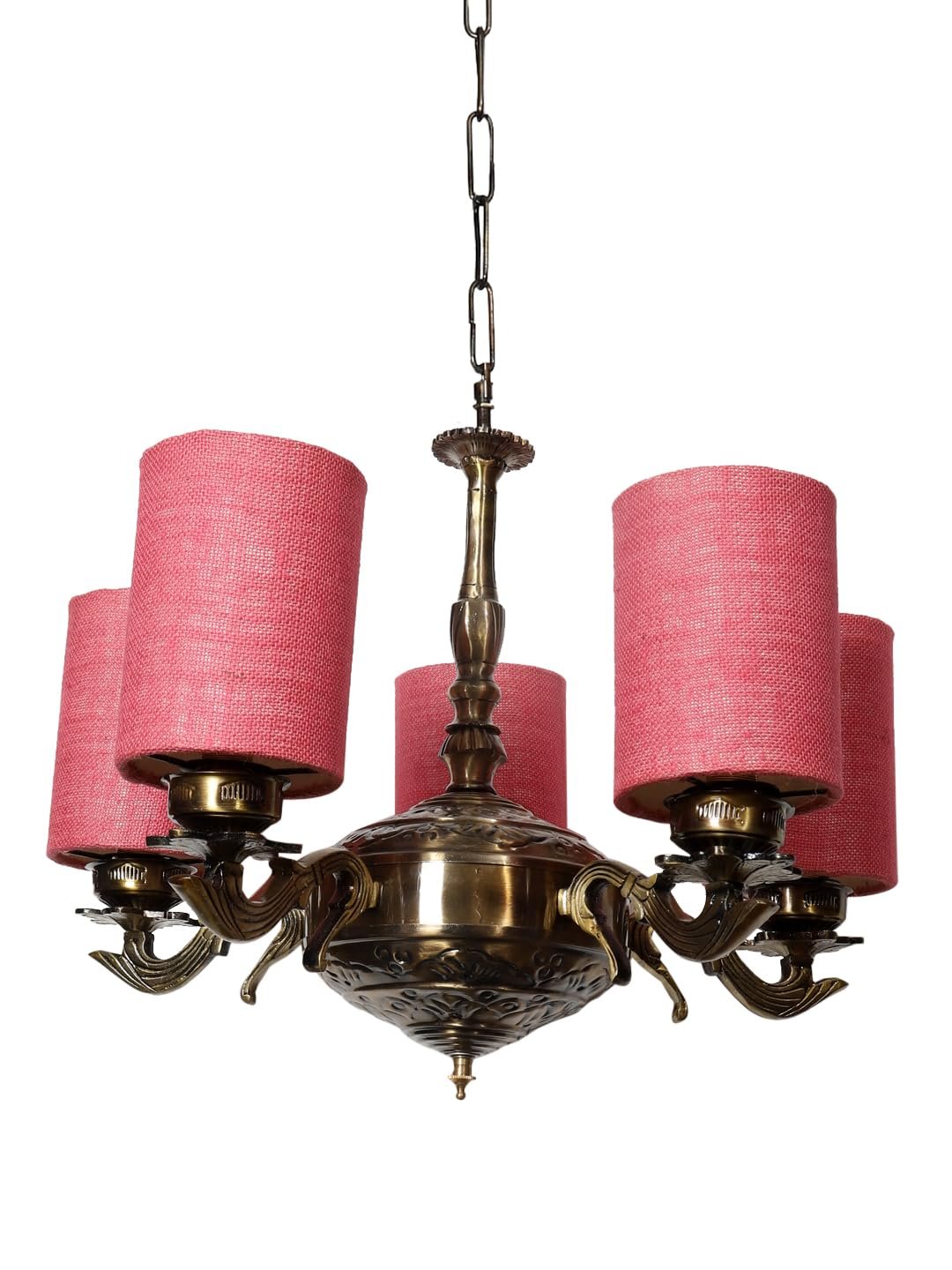 Lights Pink Jute Round Shade with Antique Golden Chandelier