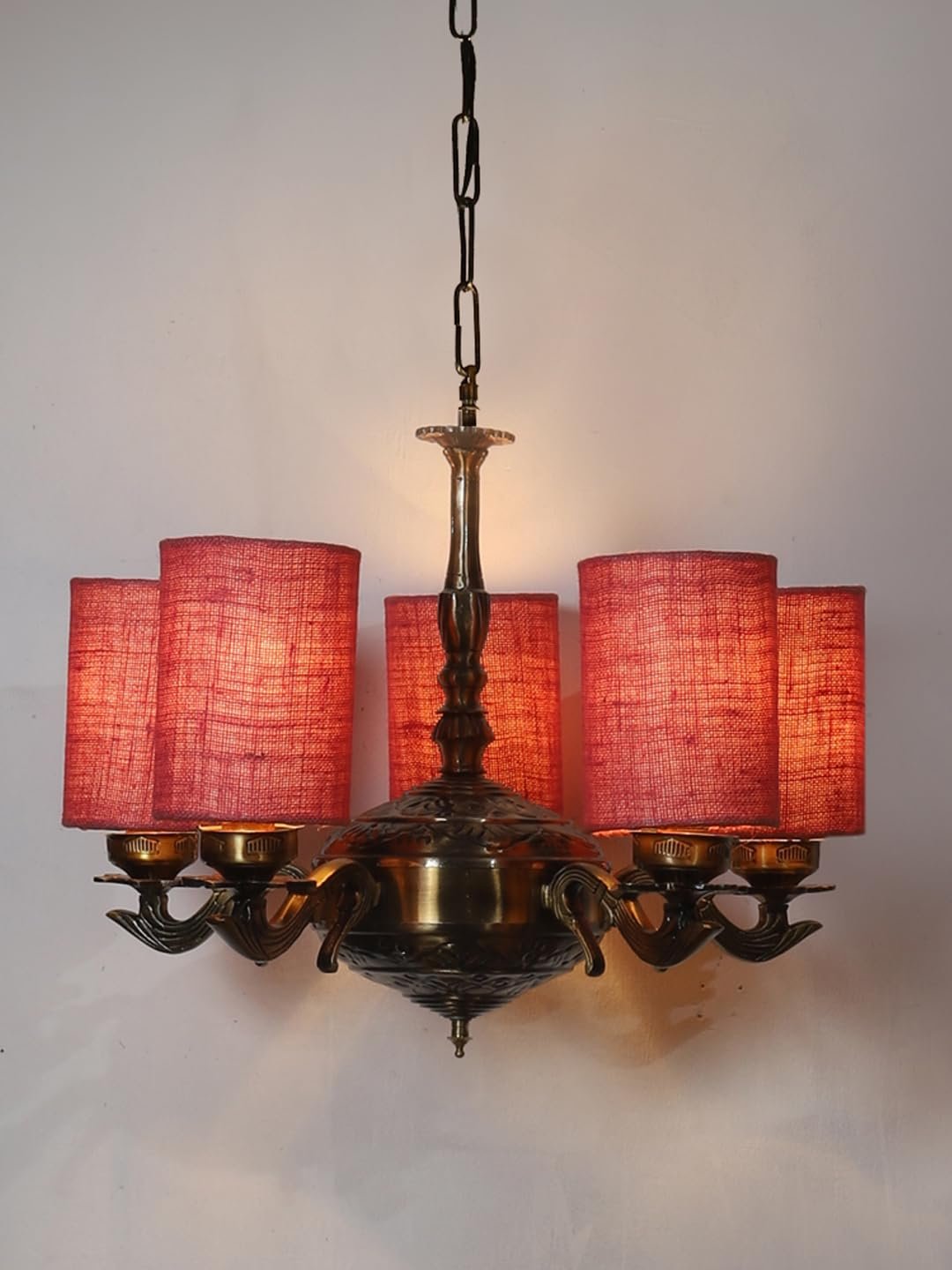 Lights Pink Jute Round Shade with Antique Golden Chandelier