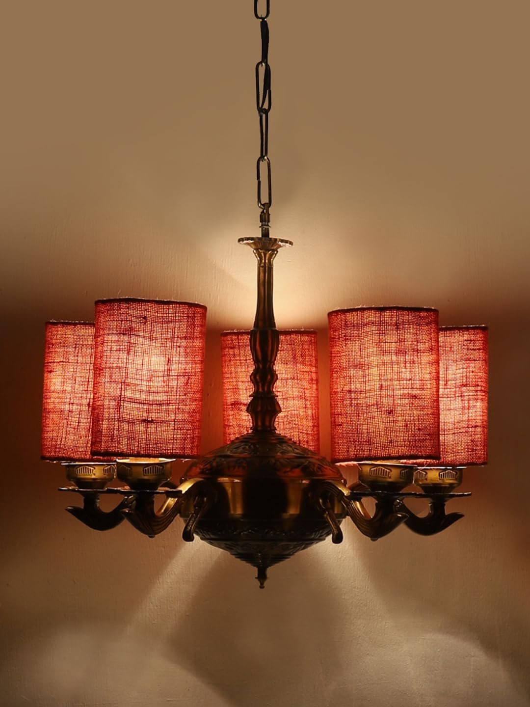 Lights Pink Jute Round Shade with Antique Golden Chandelier