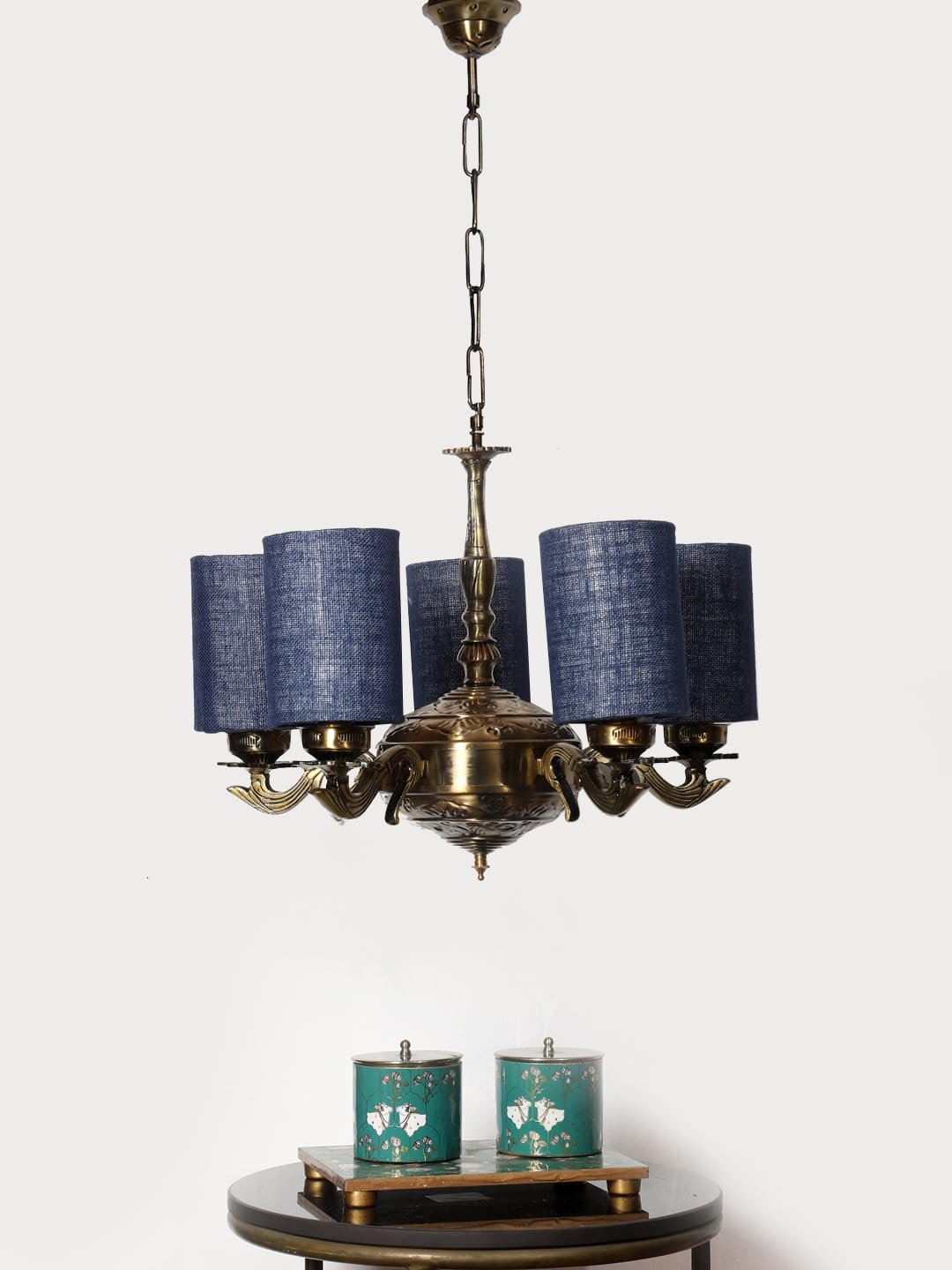 Lights Blue Jute Round Shade with Antique Golden Chandelier