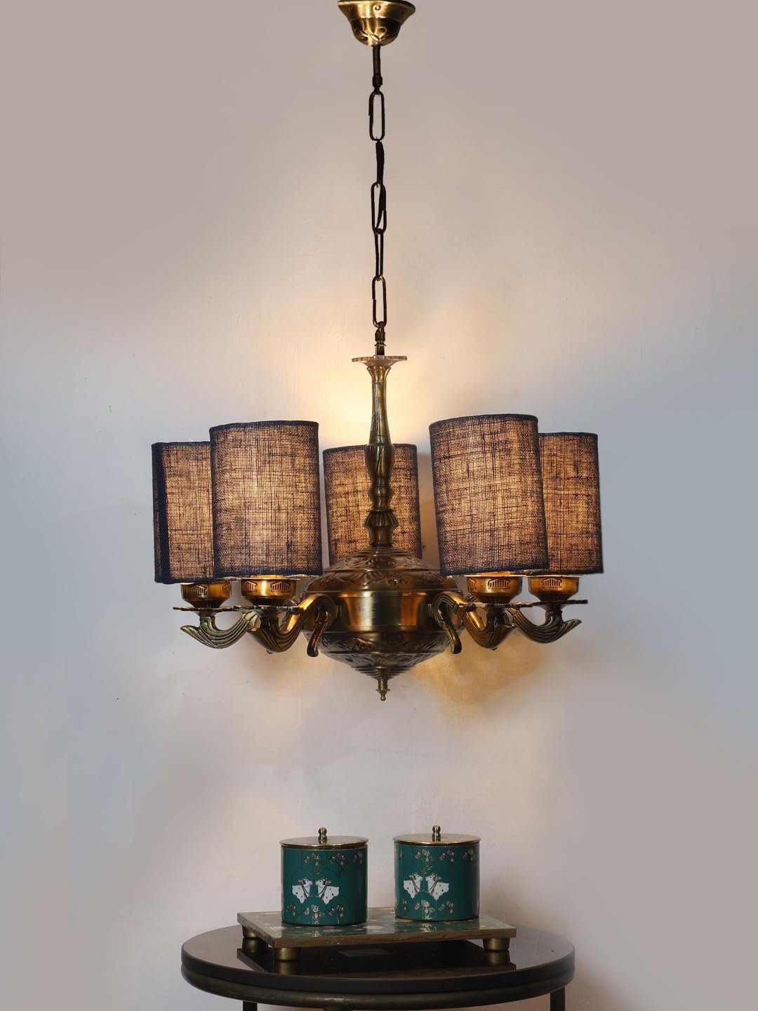 Lights Blue Jute Round Shade with Antique Golden Chandelier