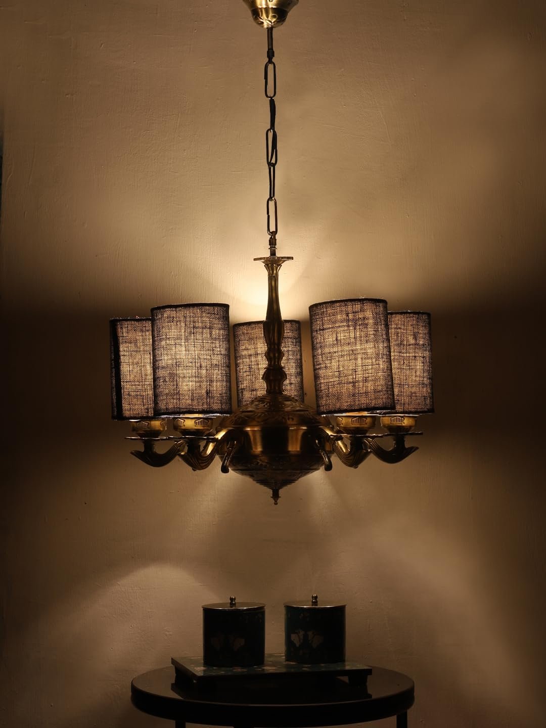 Lights Blue Jute Round Shade with Antique Golden Chandelier