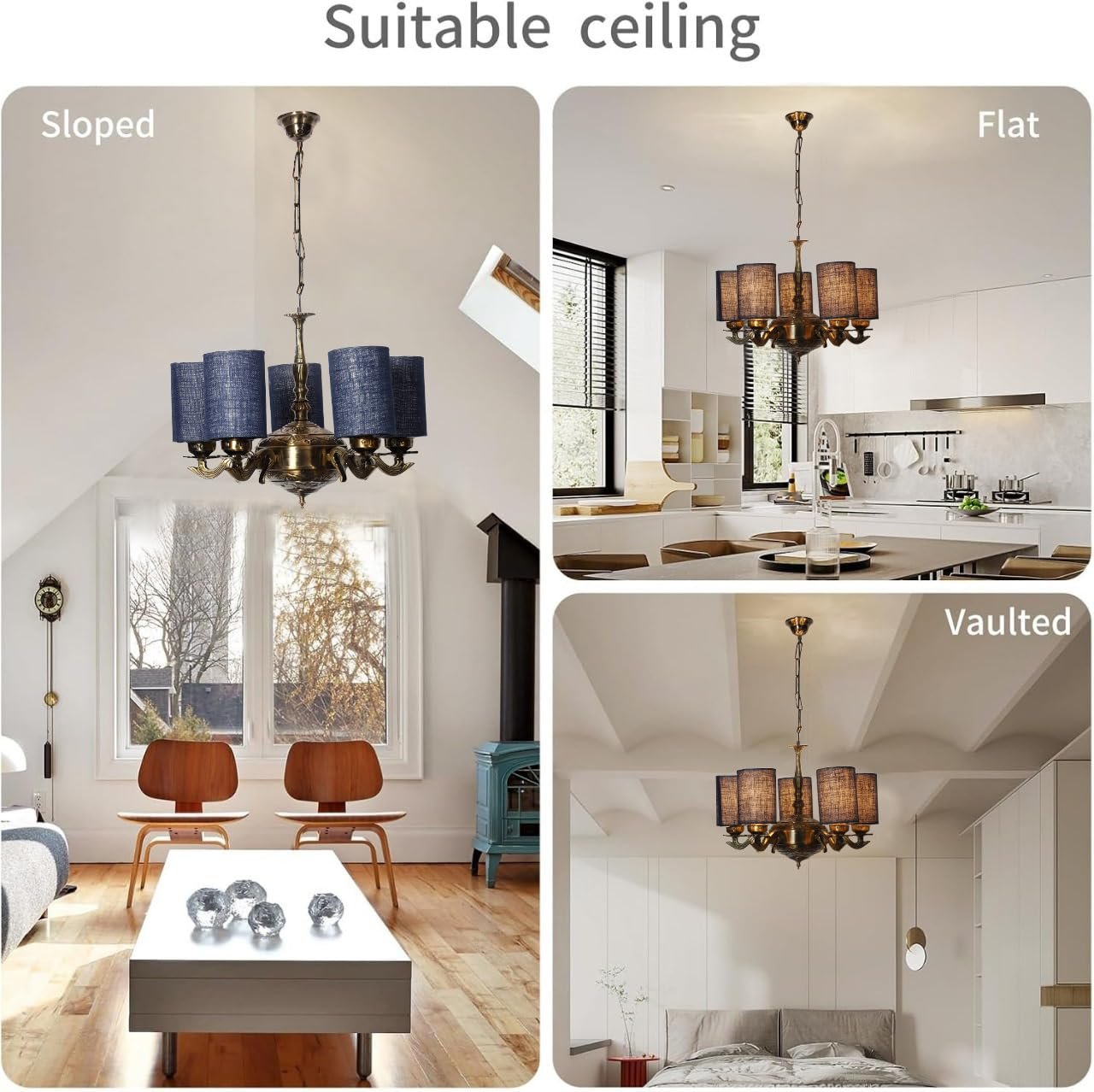 Lights Blue Jute Round Shade with Antique Golden Chandelier