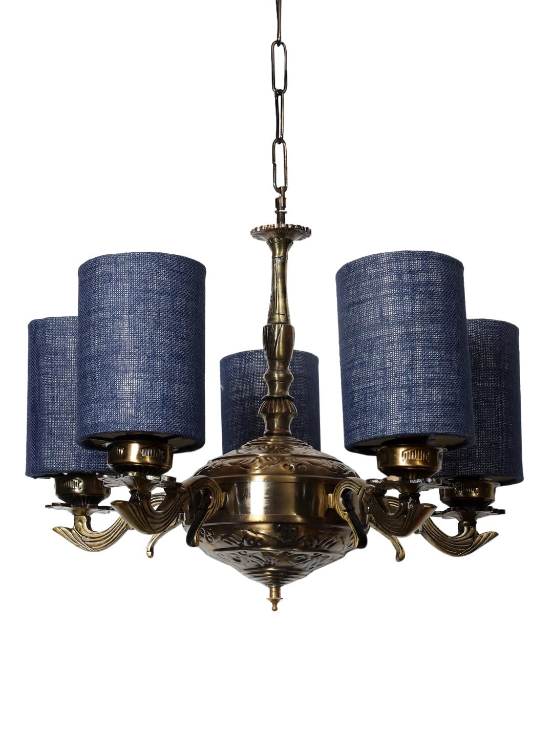 Lights Blue Jute Round Shade with Antique Golden Chandelier