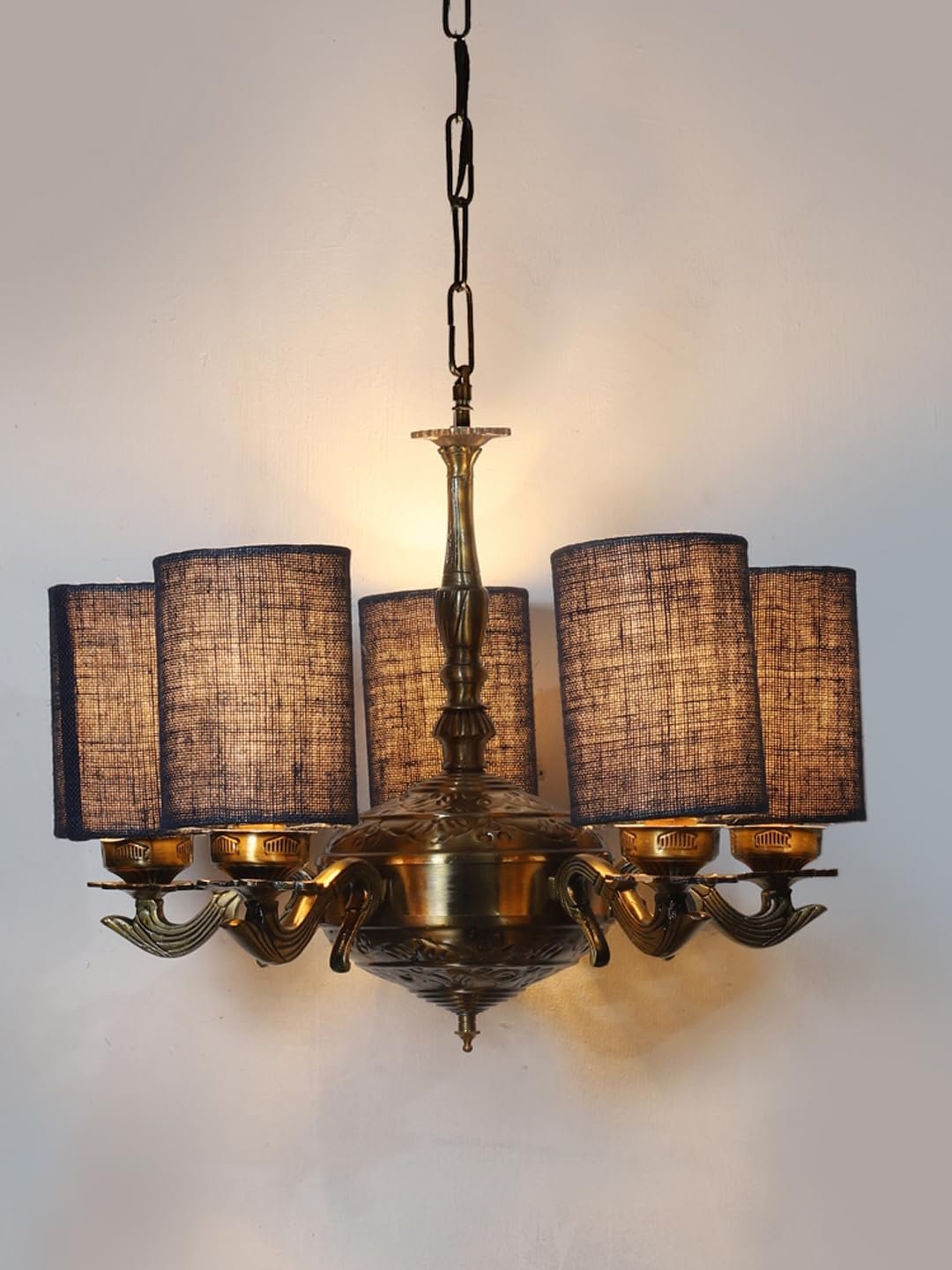 Lights Blue Jute Round Shade with Antique Golden Chandelier