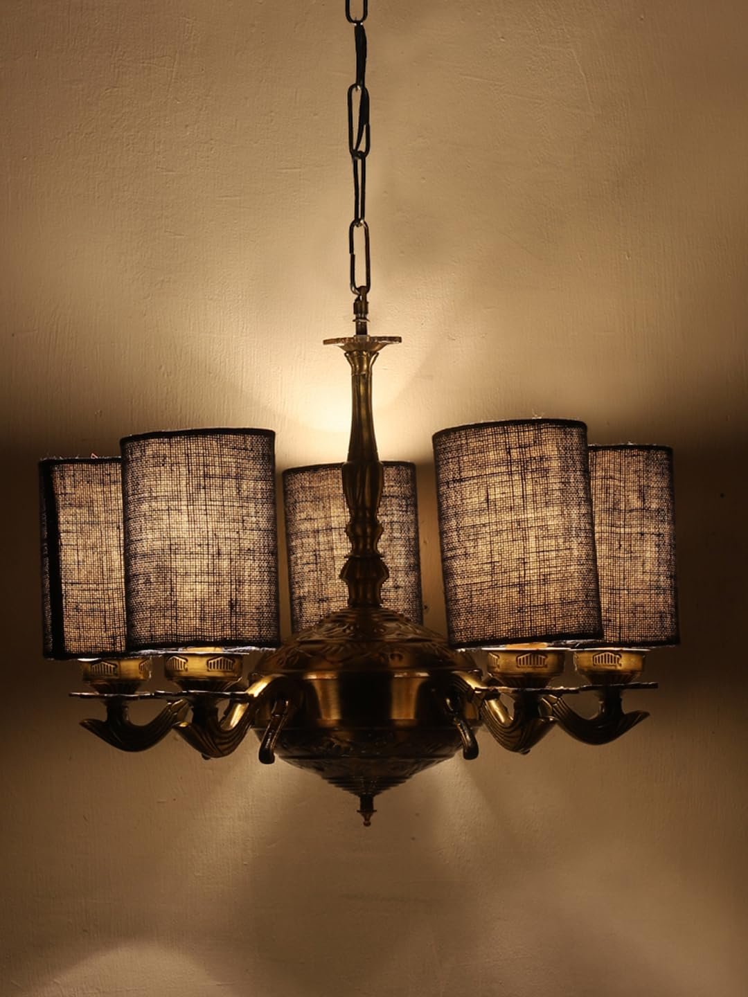 Lights Blue Jute Round Shade with Antique Golden Chandelier