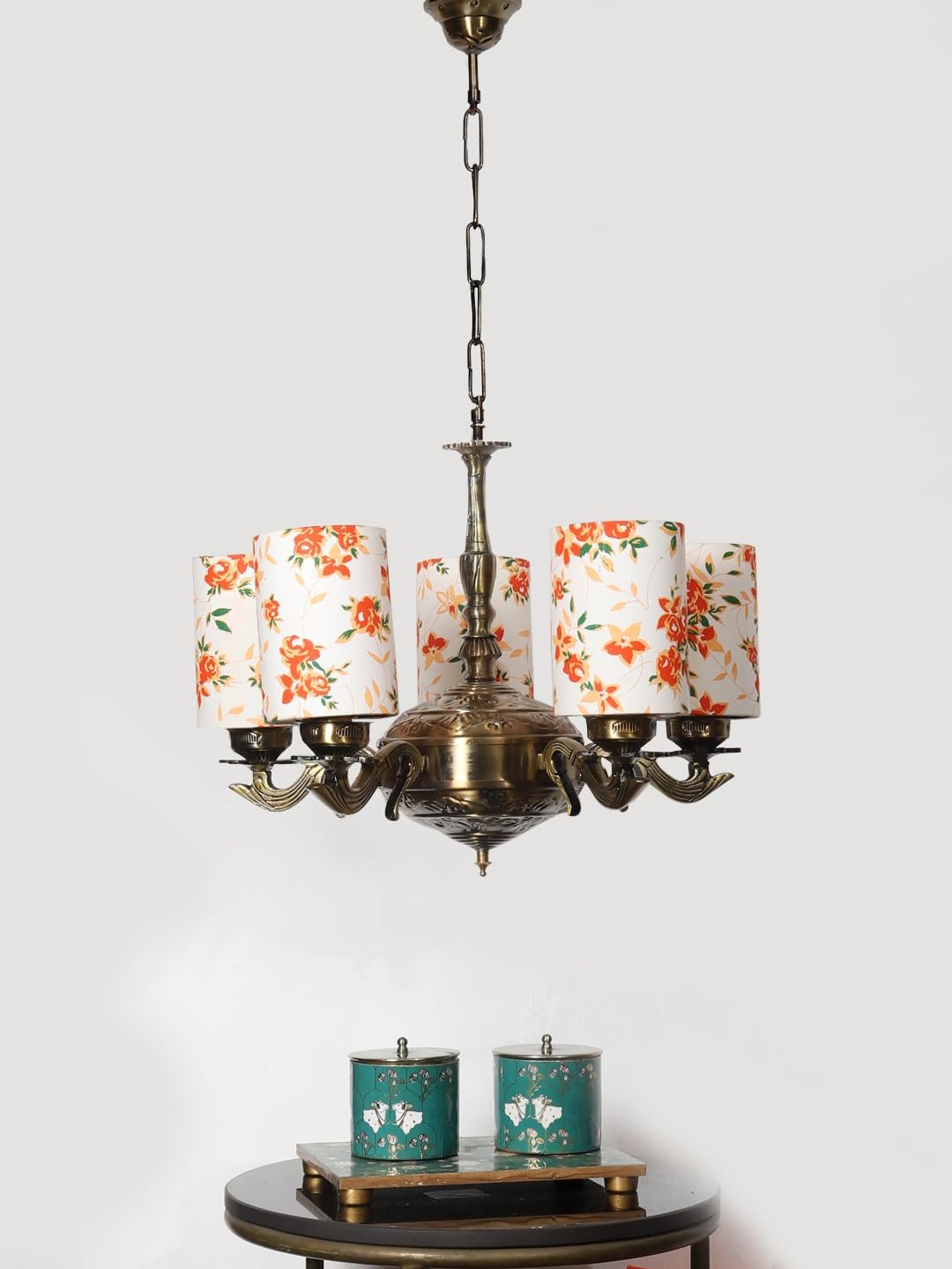 Lights Printed Round Cotton Shade with Antique Golden Chandelier -D