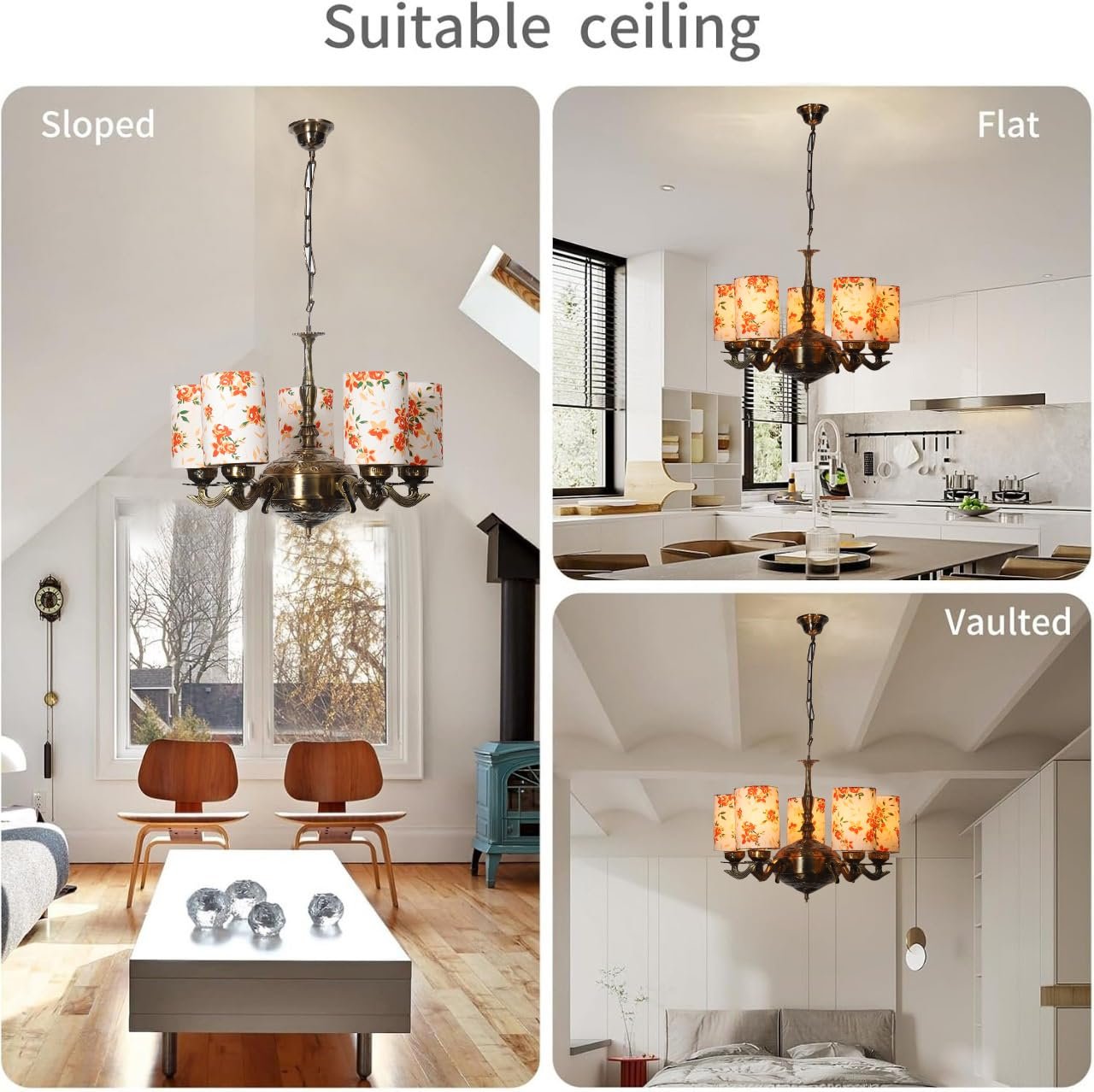 Lights Printed Round Cotton Shade with Antique Golden Chandelier -D