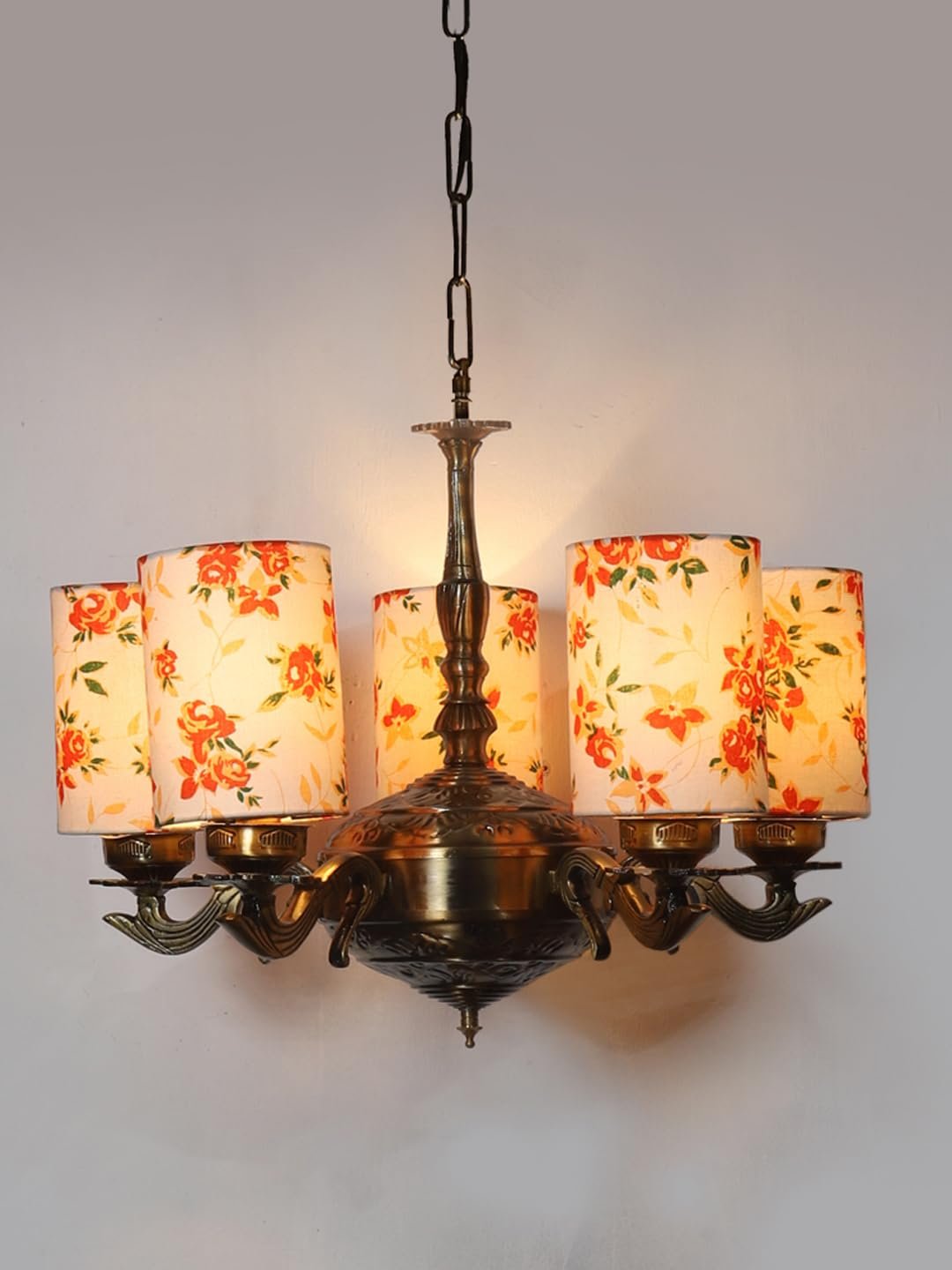 Lights Printed Round Cotton Shade with Antique Golden Chandelier -D