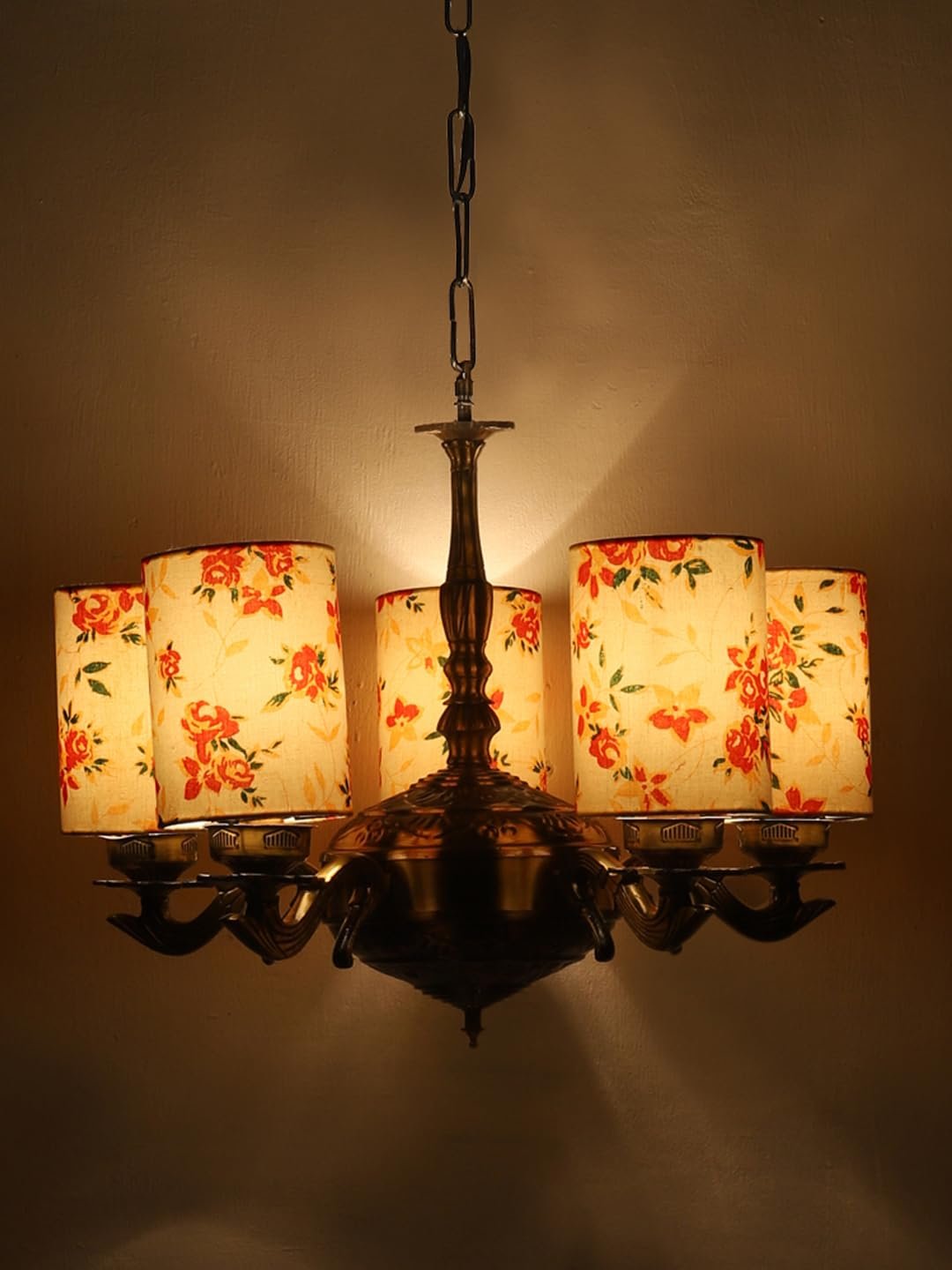 Lights Printed Round Cotton Shade with Antique Golden Chandelier -D