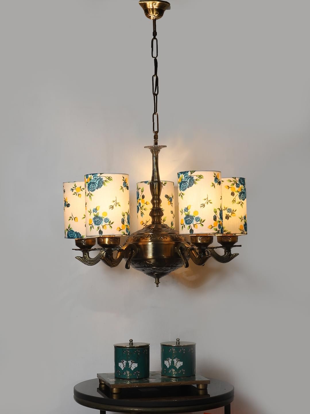 Lights Printed Round Cotton Shade with Antique Golden Chandelier -E