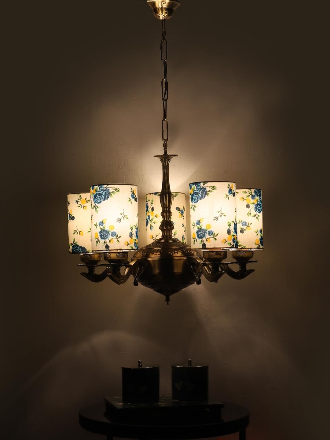 Lights Printed Round Cotton Shade with Antique Golden Chandelier -E