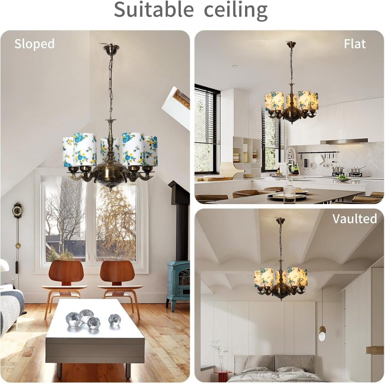 Lights Printed Round Cotton Shade with Antique Golden Chandelier -E