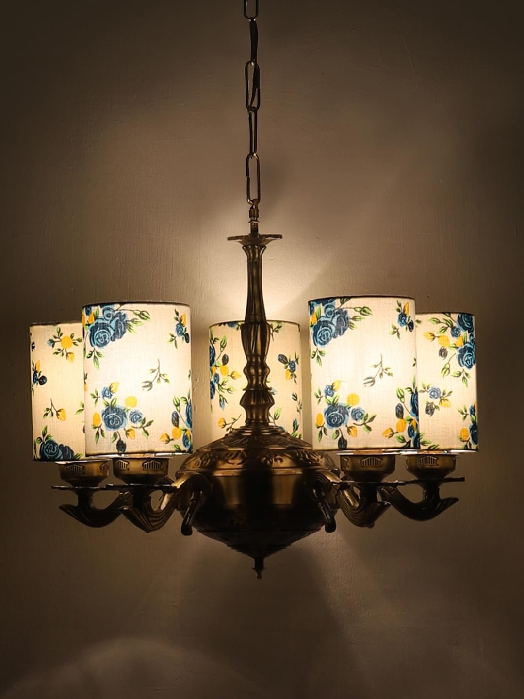 Lights Printed Round Cotton Shade with Antique Golden Chandelier -E