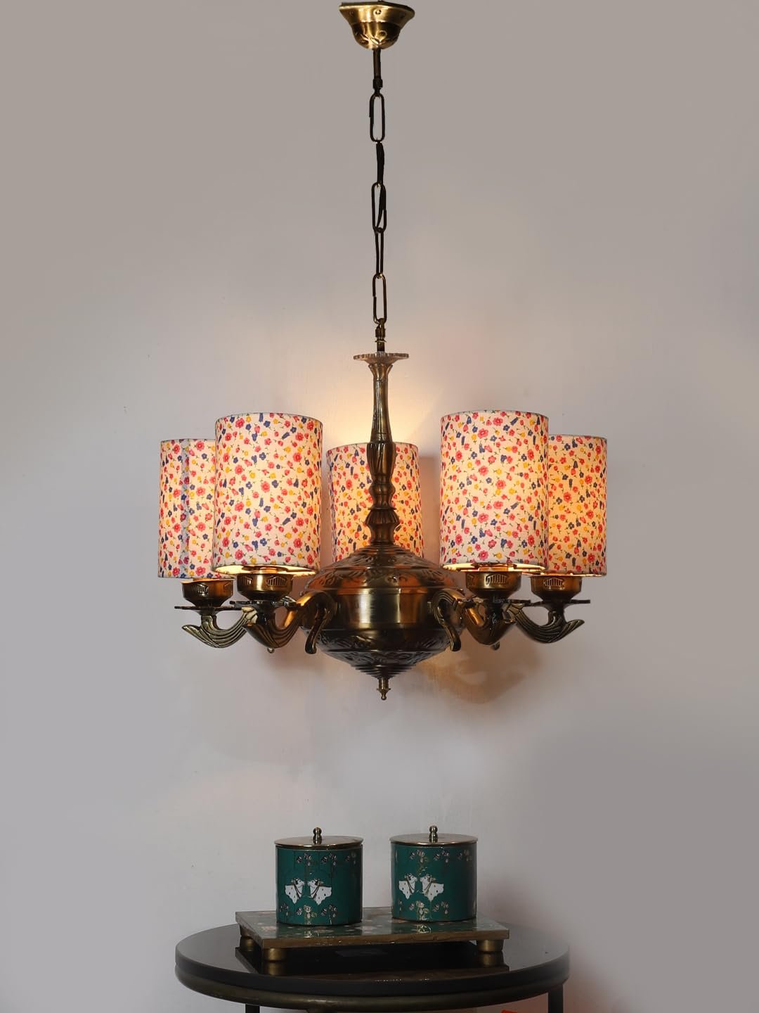 Lights Printed Round Cotton Shade with Antique Golden Chandelier -F
