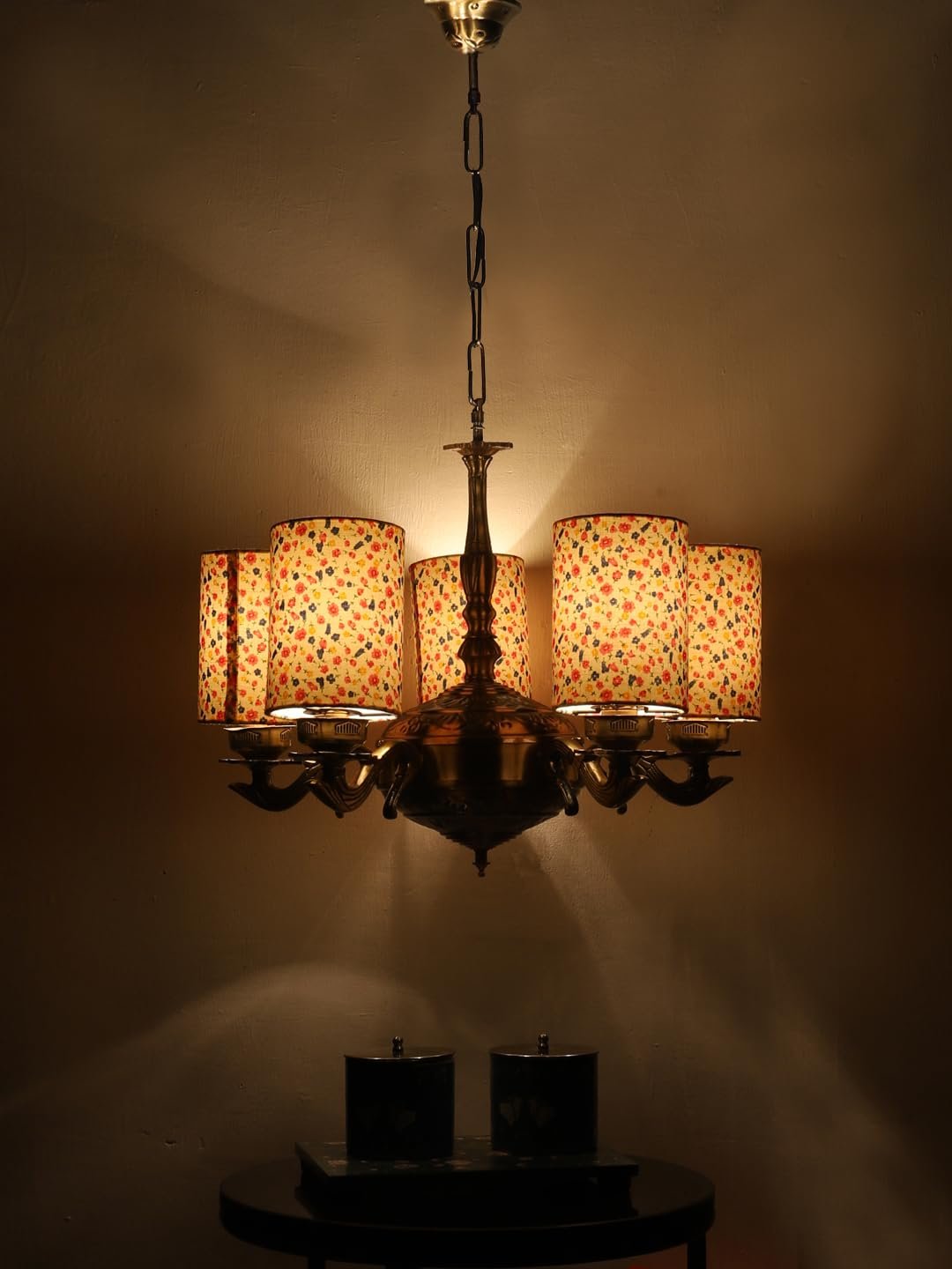 Lights Printed Round Cotton Shade with Antique Golden Chandelier -F