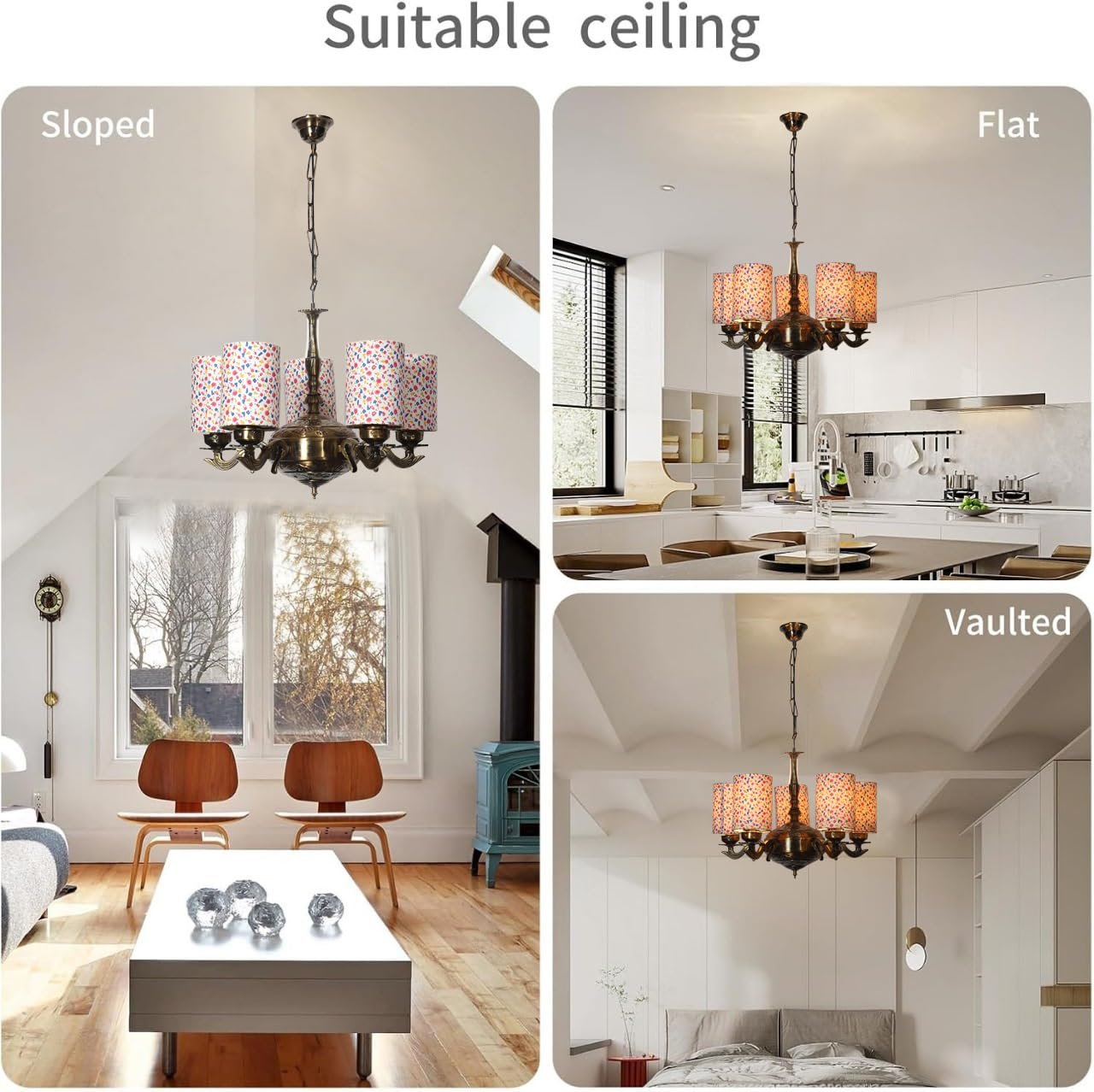 Lights Printed Round Cotton Shade with Antique Golden Chandelier -F