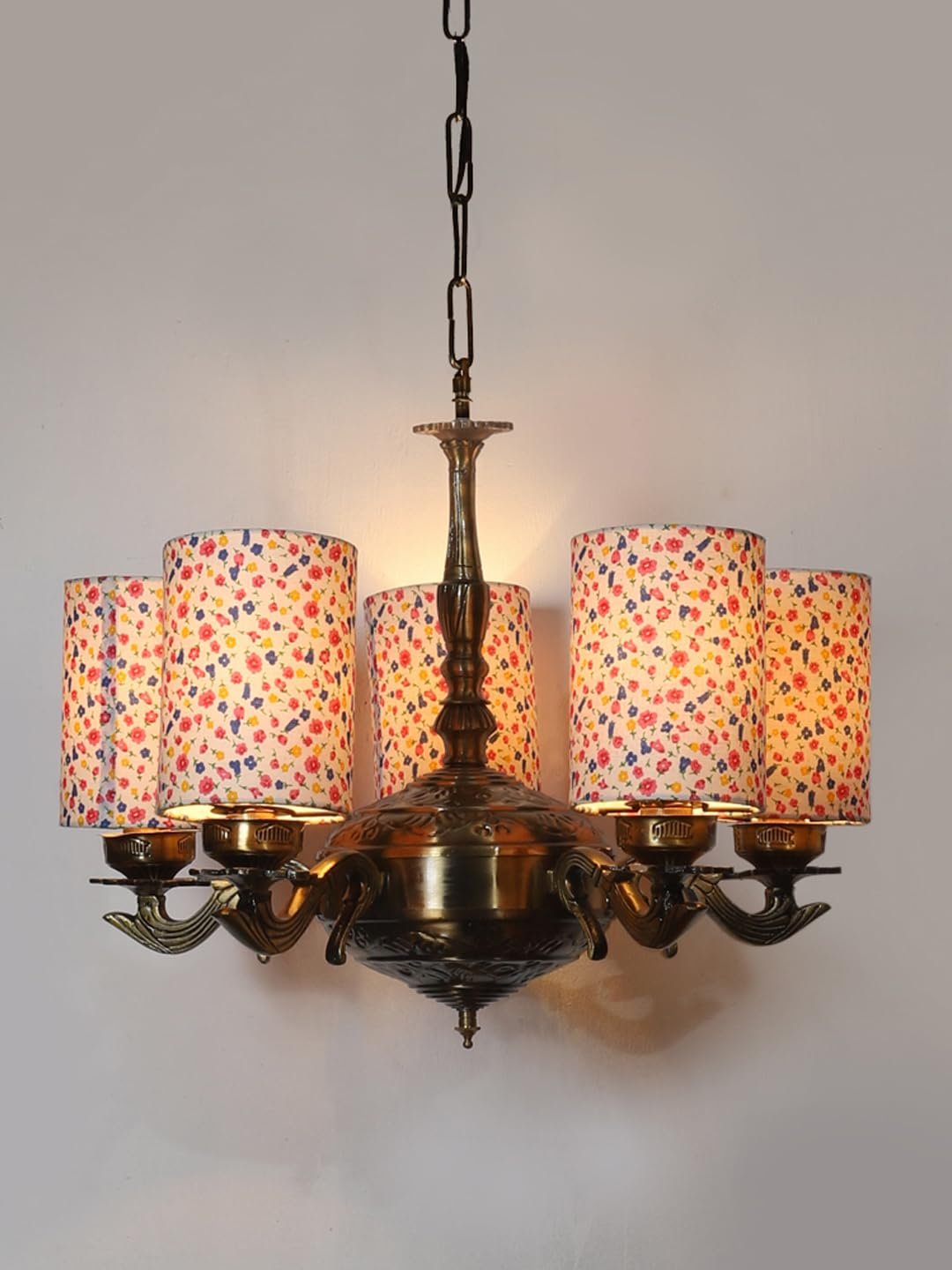 Lights Printed Round Cotton Shade with Antique Golden Chandelier -F