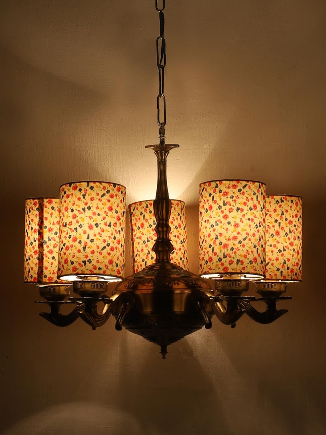 Lights Printed Round Cotton Shade with Antique Golden Chandelier -F