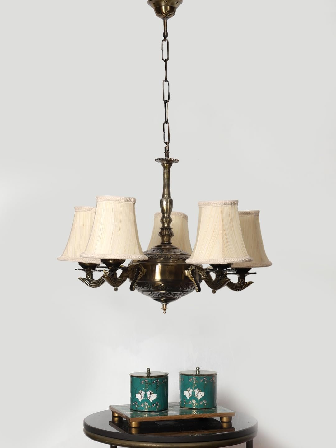 Lights Off-White Round Cotton Shade with Antique Golden Chandelier -H